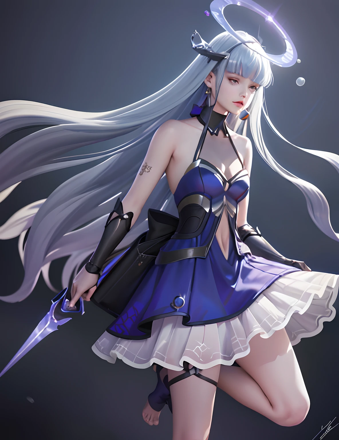 Sinestrea_Wave, ((big breasts)), 1girl, solo, long hair, dress, bare shoulders, jewelry, medium breasts, very long hair, blue hair, full body, weapon, earrings, barefoot, sleeveless, signature, blunt bangs, sleeveless dress, halo, polearm, purple dress, floating, reflection, toenails (masterpiece,best quality:1.5),the woman in the field is dressed for the camera, in the style of daria endresen, kris knight, scottish landscapes, light navy and dark brown, georg jensen, intense close-ups, matte photo