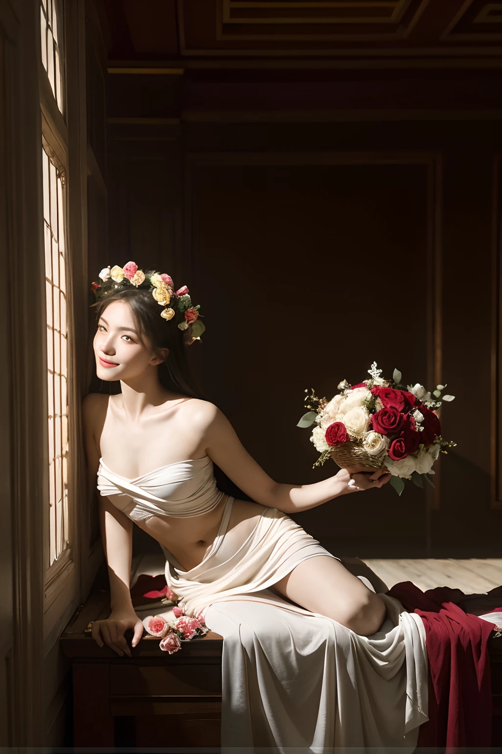 Rose Tree,Caravaggio-style diagonal light from the left side of the wall,Cute smile,erotick,Costumes in the style of ancient Greece,A sexy,ecstacy,Beauty,Sweet ecstatic look.Great beauty in the fruit basket,Bouquet of roses,Caravaggio's paintings,Chiaroscuro of Caravaggio,Wind-tousled hair