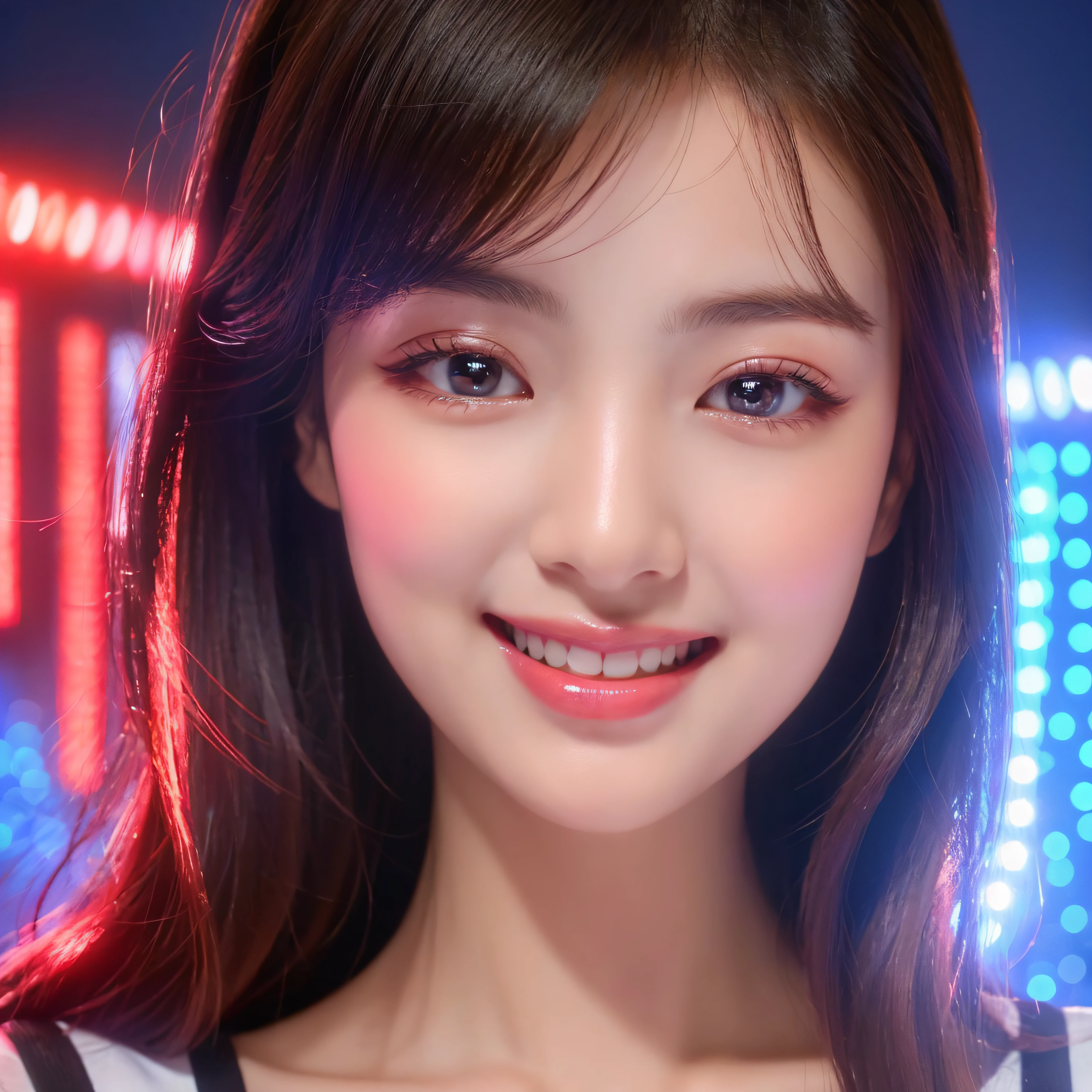 close-up of the smile face、super model、makeup、Glossy lips、Shining eyes、(realisitic、hight resolution)、(1 girl in)、Do-Up Eye、Korean Girl、(Best Quality), (masutepiece), (1girl in), Solo, a beauty girl, Perfect face, Her eyes are glowing bright red、Crimson glowing 3D heart on background、Blue universe on background