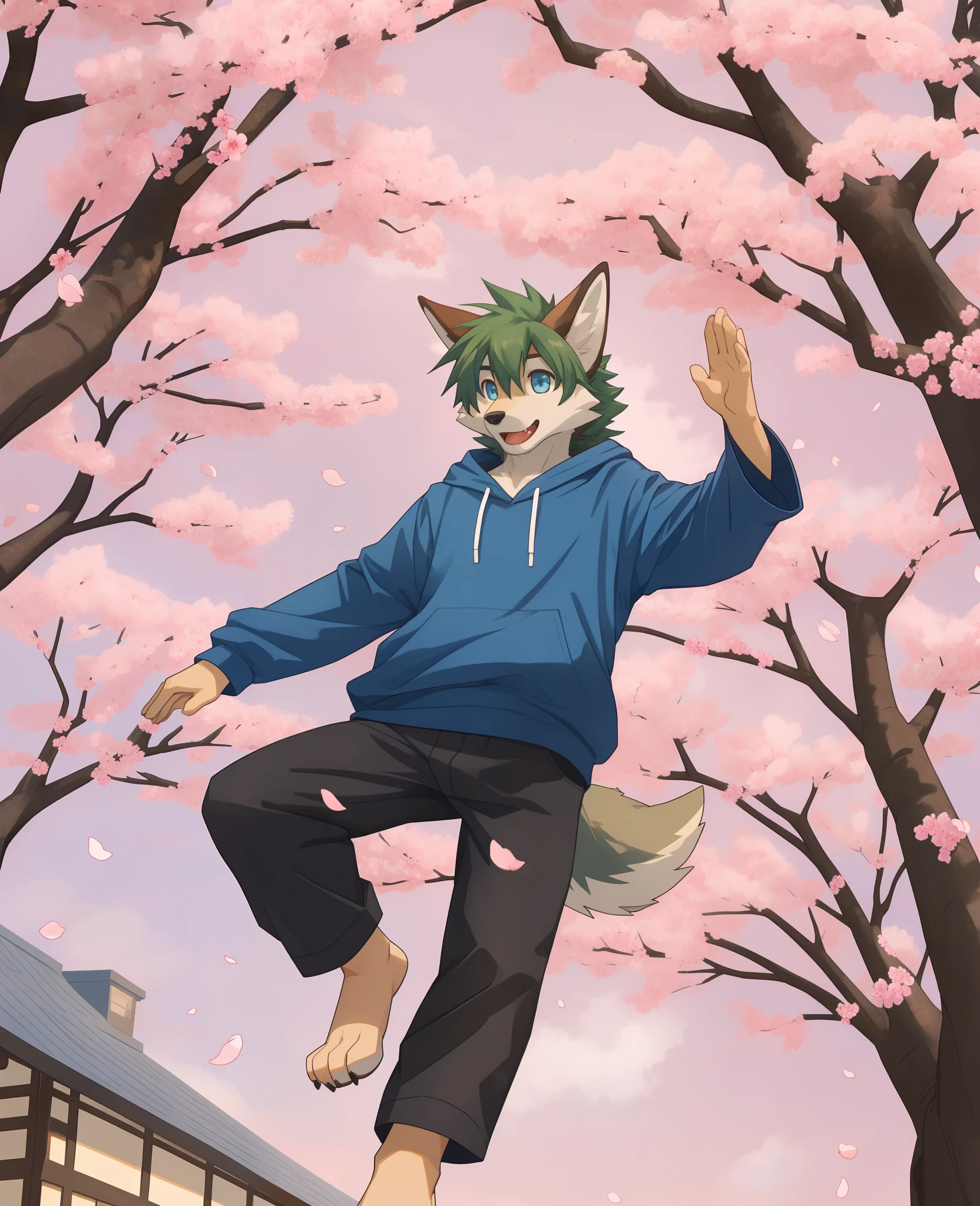 Masterpiece, Best quality, Perfect anatomy,nj5furry,One guy,anthro,coyote,baggy clothes, gentle, Green hair,Red sweatshirt,black long pants,Bright eyes, Detailed eyes, blue color eyes,Look at the cherry blossom trees,,sakura flowers falling,the cherry trees,standing on your feet,Raise your hand to catch the cherry blossoms