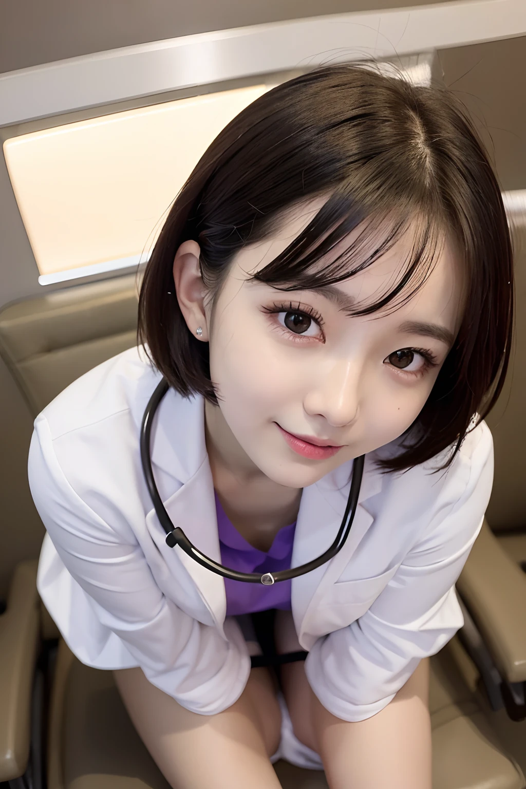 young woman、 Japanese women、Black Hair、Necklace around the neck、White、Cleavage、Doctor's attire、Stethoscope、、smile、Emphasis on teeth、short hair、Wavy Hair、Intricate details, Very detailed:1.2), 、 Looking into the camera,The background is the operating room...、ear piercing
