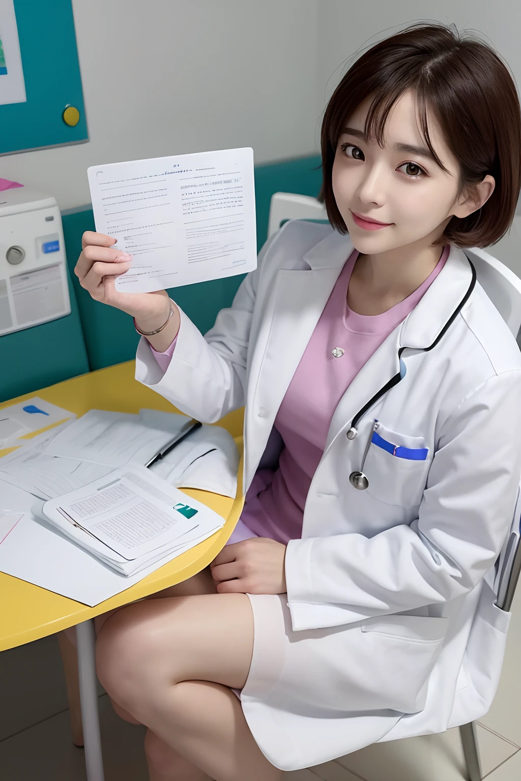 Female doctor in white coat、1womanl、Brightly colored clothing、Sit in a chair in the exam room、Wear a stethoscope、From above、a miniskirt、short-hair、tiny chest、Full Body Pose、(pureerosface_v1:0.8)、a small face、ssmile、A sexy