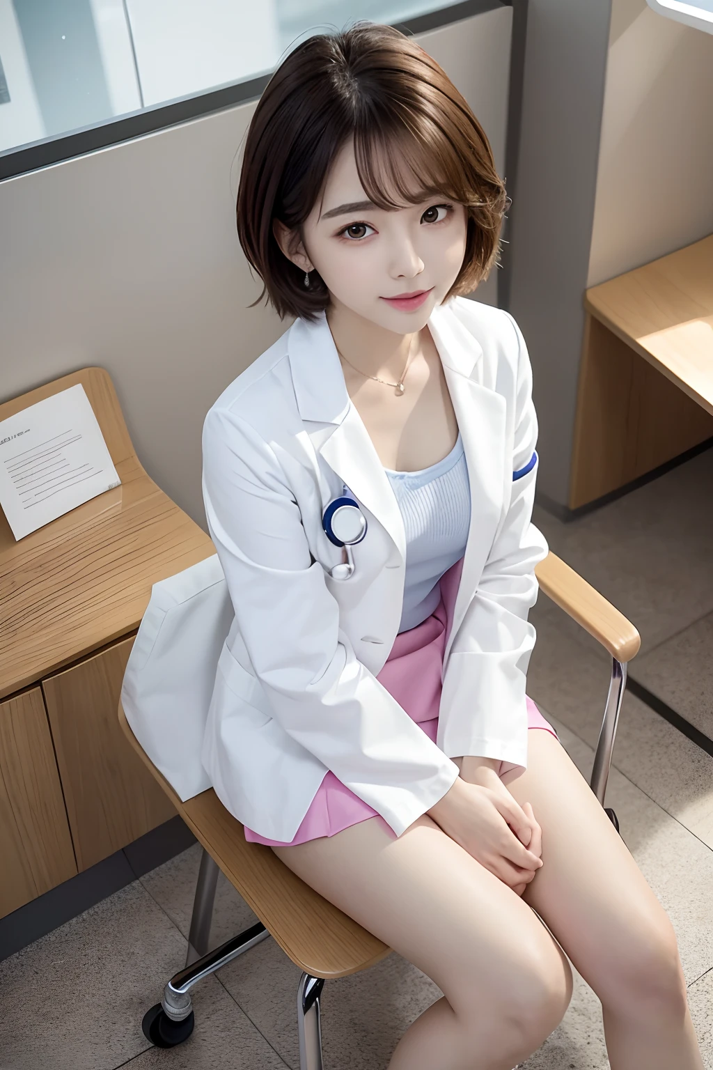 Female doctor in white coat、1womanl、Brightly colored clothing、Sit in a chair in the exam room、Wear a stethoscope、From above、a miniskirt、short-hair、tiny chest、Full Body Pose、(pureerosface_v1:0.8)、a small face、ssmile、A sexy