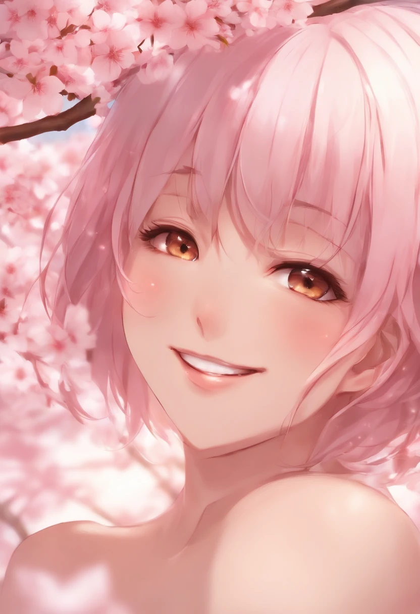 Sakura, cum on face, close up, completely naked, smiling, anime