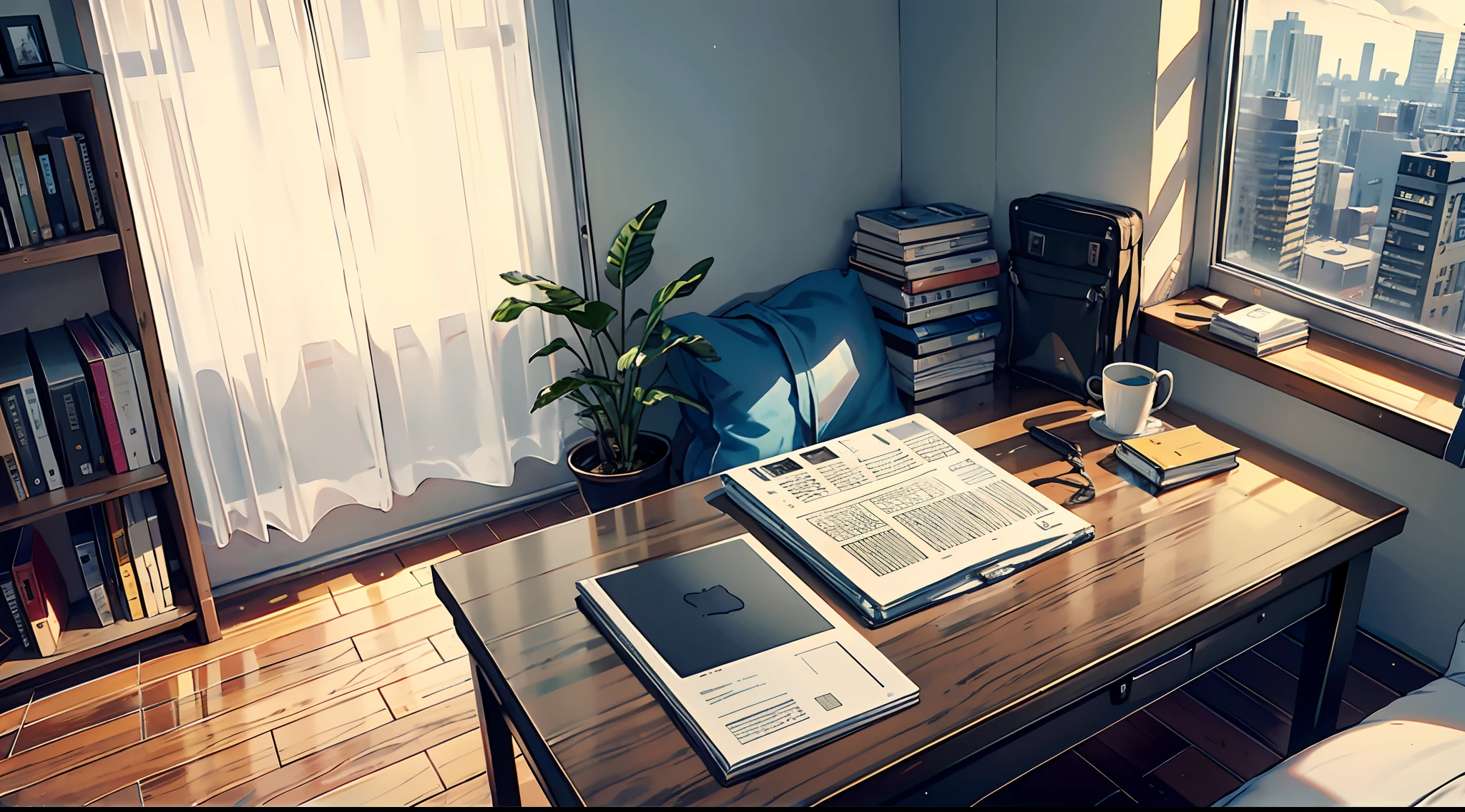 bedroom, Room 1, windows closed, curtains open, study table, books on table, laptop on table, laptop black screen turned off, bag on floor, alarm clock, pov from bed, morning