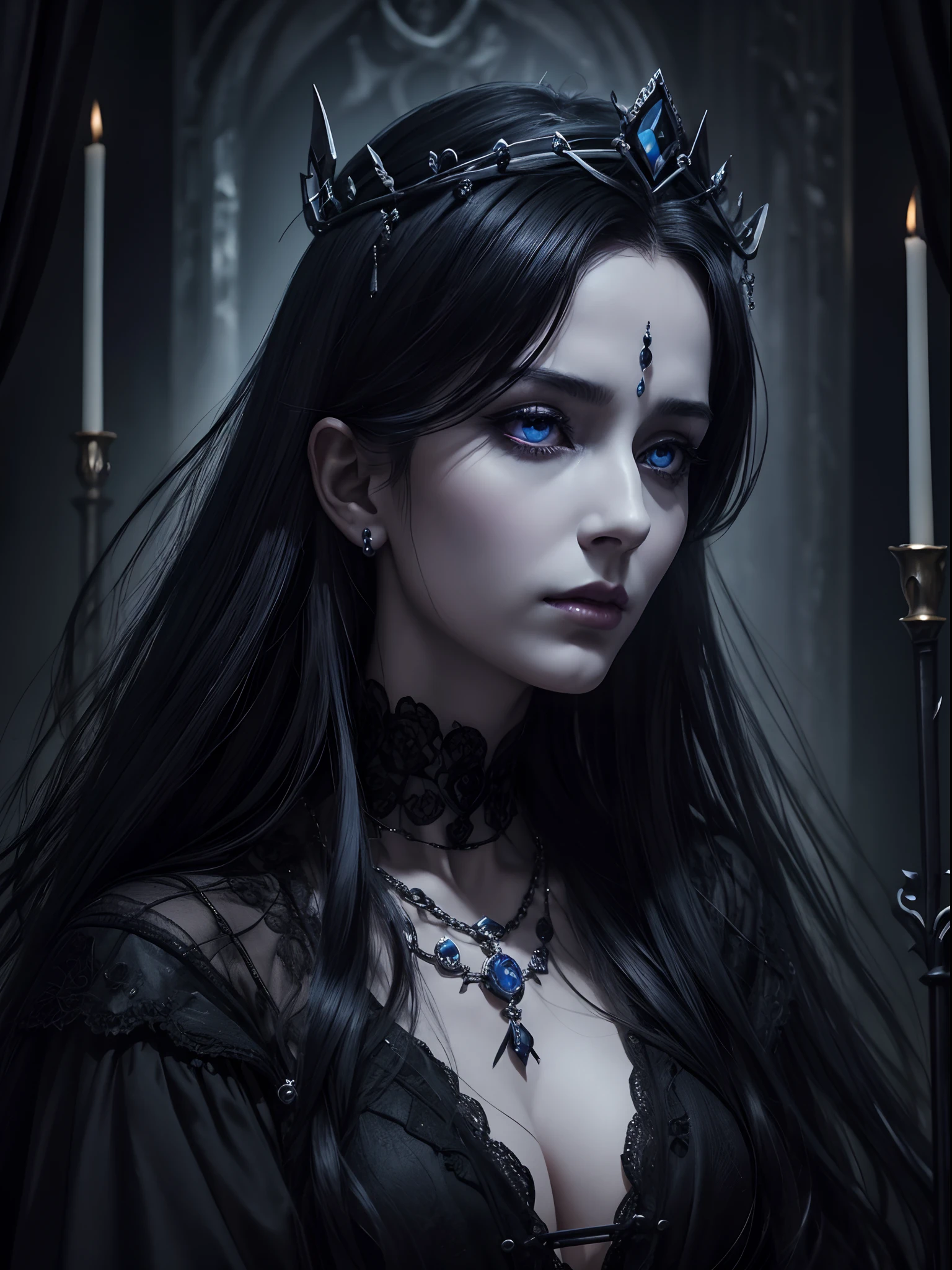 Black and blue tones、Hell、purgatory、Mozart's Requiem、Mystical、horor、gotik、darkness、karo、badas、epidemic、ruler、Pitch Black Darkness、hopelessness、lamentation、oppression、nothingness、intense cold、Black Ghost、Adult female mature woman in her 40s、Queen of the Dead、Persephone、lilith、hades、awe、immortal、draconian、Awe-inspiring Hall々、Proud、noble、dignity、solemnity、Bewitching、Chaste and lascivious cohabitation、hatred、obsession、jewely、ruthless、greed、3-point live method、Oil Painting、Best Quality、hight resolution、foco nítido、Perfect angle、perfect-composition、from side、Portrait of Queen D,Highly detailed footage of the Queen of the Dead,Stunning portrait of the Queen of the Exparted,Portrait of the Queen of the Dead,Full body close-up of the Queen of the Dead