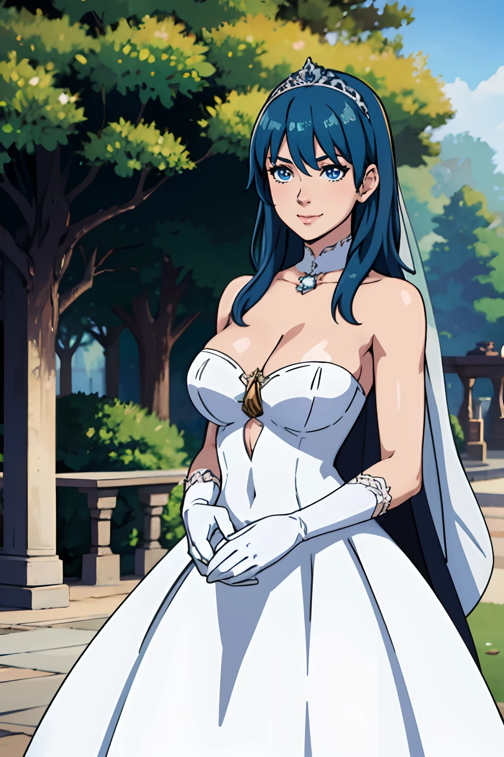 fembyleth, bangs, blue eyes, hair between eyes, ahoge, blue hair, star \(symbol\), hair ornament, dress, cleavage, bare shoulders, collarbone, long white oprea gloves, white gloves, white dress, white choker, strapless, tiara, veil, strapless dress, wedding dress, bridal veil, beautiful woman, perfect body, perfect breasts, wearing a wedding dress, ball gown, in the park trees, wedding decorations, a warm smile, realism, masterpiece, textured skin, super detail, high detail, high quality, best quality, 1080p, 16k