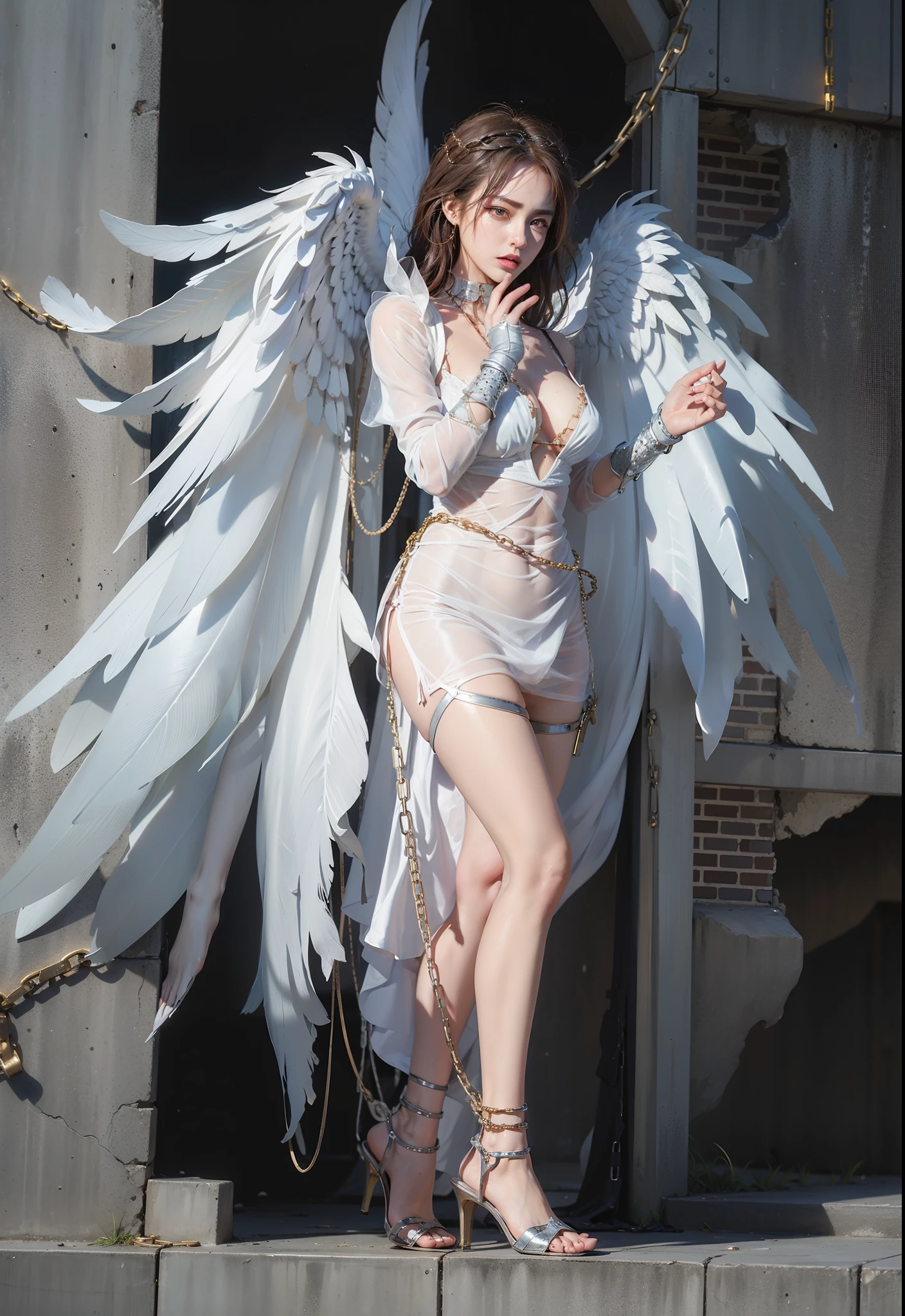 ,((Wearing a torn sheer costume of a superheroine)),(, No bra)), Wet crotch, Wet thighs, Beautiful girl with accentuated slender abs: 1.4, (((nipple tips protruding, areola is protruding, The shape of the pubic region is clearly visible)), sixpack abs: 1.4, Bust Botox, Photo, Sharpness, Unique 850 4, Koda850 k portrait camera, F1.6 shots, Ultra-realistic textures, Spectacular light textures, Cinestil 800 Fashion Mechanics, (futuristic sci-fi battle fashion: 1.1), (tied perfectly by chain), Restraint, Slaves, collars, ((wide prison with sunlight)), Dark fantasy, Realistic material details, extreme hight detail, Ultra-realistic materials ((Torn costume))), Wet, Cloudy, (Chained)), ((big emphasized by chains)), ((chains digging into crotch)), ( (Collar)), (, No bra), shredded costumes, broken golden shields and battle spears,, White combat gloves, Combat shoulder armor, Blood splattered on the face, Blood splattered, Realistic, (Bruises, Dirty, ripped clothing, skimpy clothing, Blood: 1.3),  Torn Cape, Torn pantyhose, Long legs, ((iron pipe in the crotch)), Metallic shackles and fetters, ((chains hung from heaven)), Wet crotch is clearly visible, Swarovski's sword and the anatomy beneath his feet, (futuristic sci-fi battle fashion, Torn mesh stockings)，angelicales，Normal toes，Leg repair