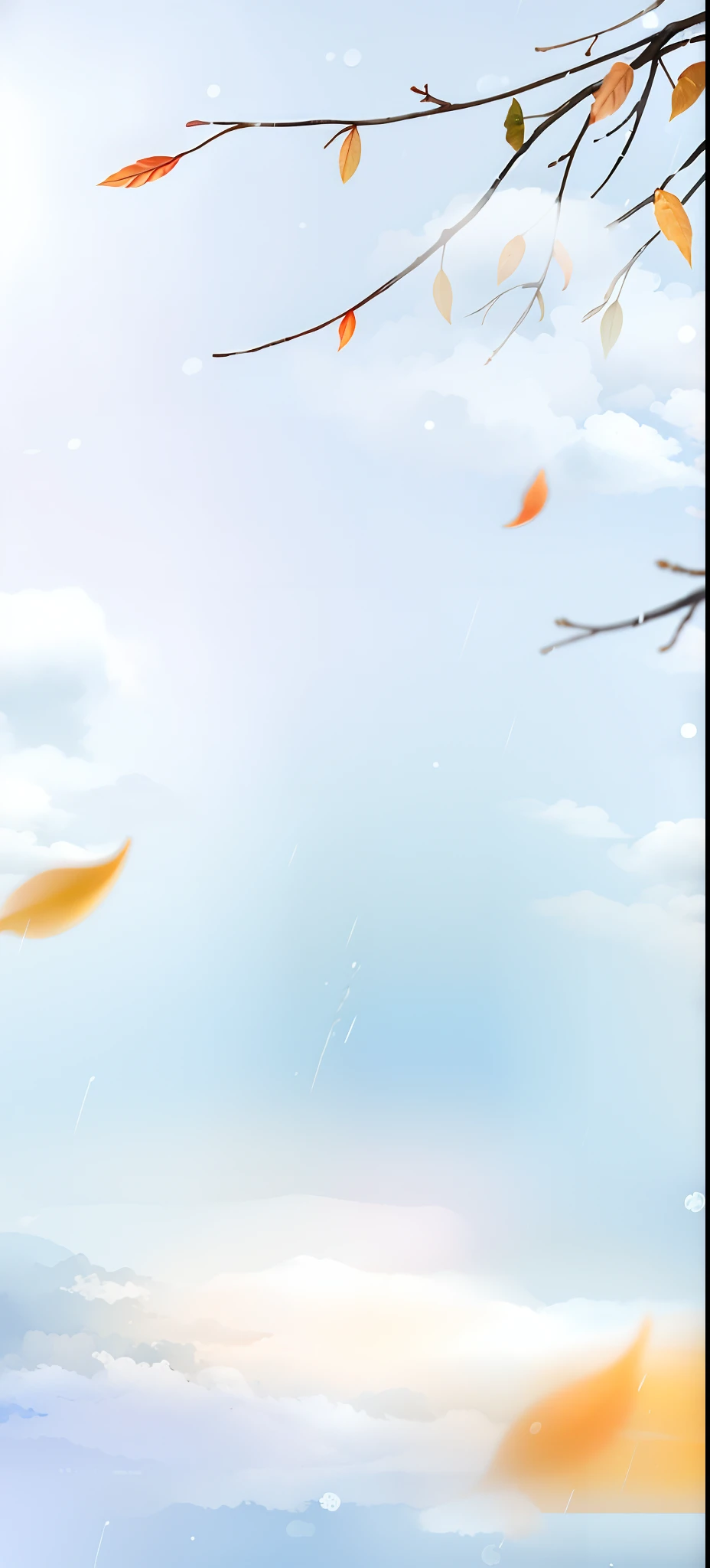 There is a bird sitting on a branch in the rain, wind blowing leaves, wind blowing leaves, background-image, background artwork, Detailed scenery —width 672, flying leaves on backround, Clean background, random background scene, Simple background, Falling leaves, Realistic background, blurry and dreamy illustration, blurry and dreamy illustration, rainy background, breezy background