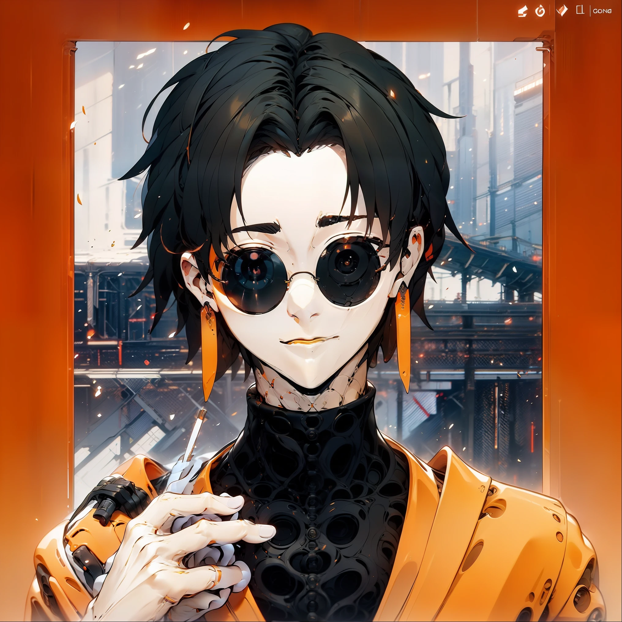 A masterpiece，delicated，male people，Anime male，black color hair，Round sunglasses，Golden eyes，Hold a fan in your left hand，Hold a cigarette in your right hand