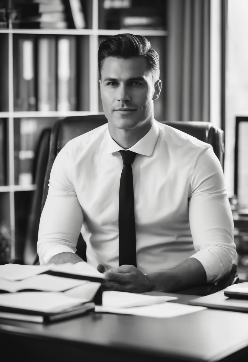 Portrait of businessman sitting behind desk in suit This guy must be handsome and elegant The image must be clear, sharp and 8k、Behind him you need to see New York, short hair, black and white hair colours