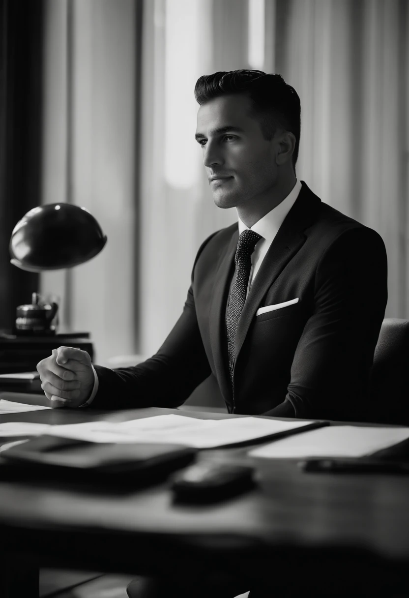 Portrait of businessman sitting behind desk in suit This guy must be handsome and elegant The image must be clear, sharp and 8k、Behind him you need to see New York, short hair mixed black and white color