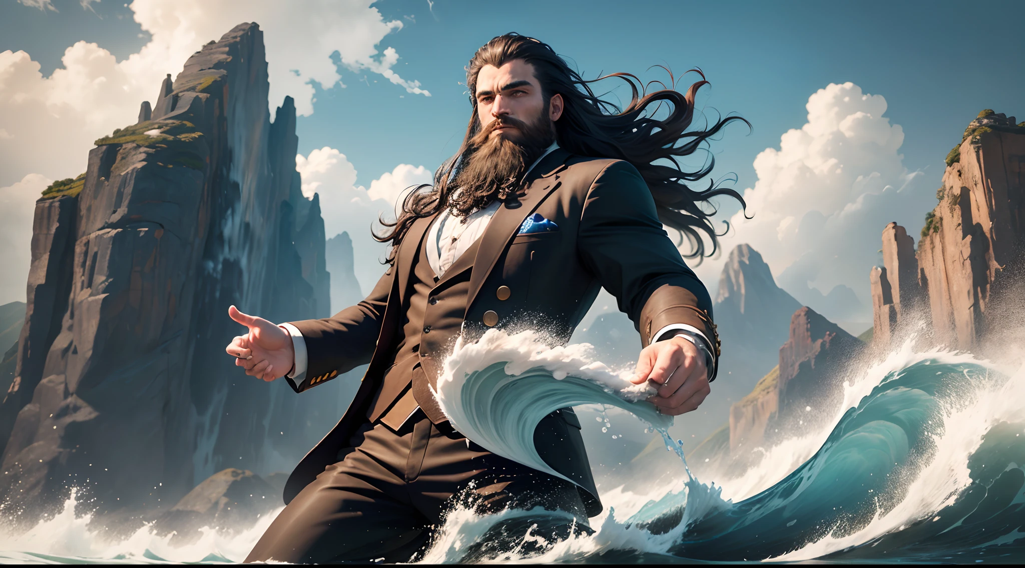 A beard man with dredlock hair, floating in the sky, wearing suit,he possesses hydrokinesis, displaying the ability to move water in the form of flying, creating massive waves and splashes,in the ocean, five fingers with details, masterpiece, award winning, (16k resolution) , high quality, mountains in distance, clouds, rainbow