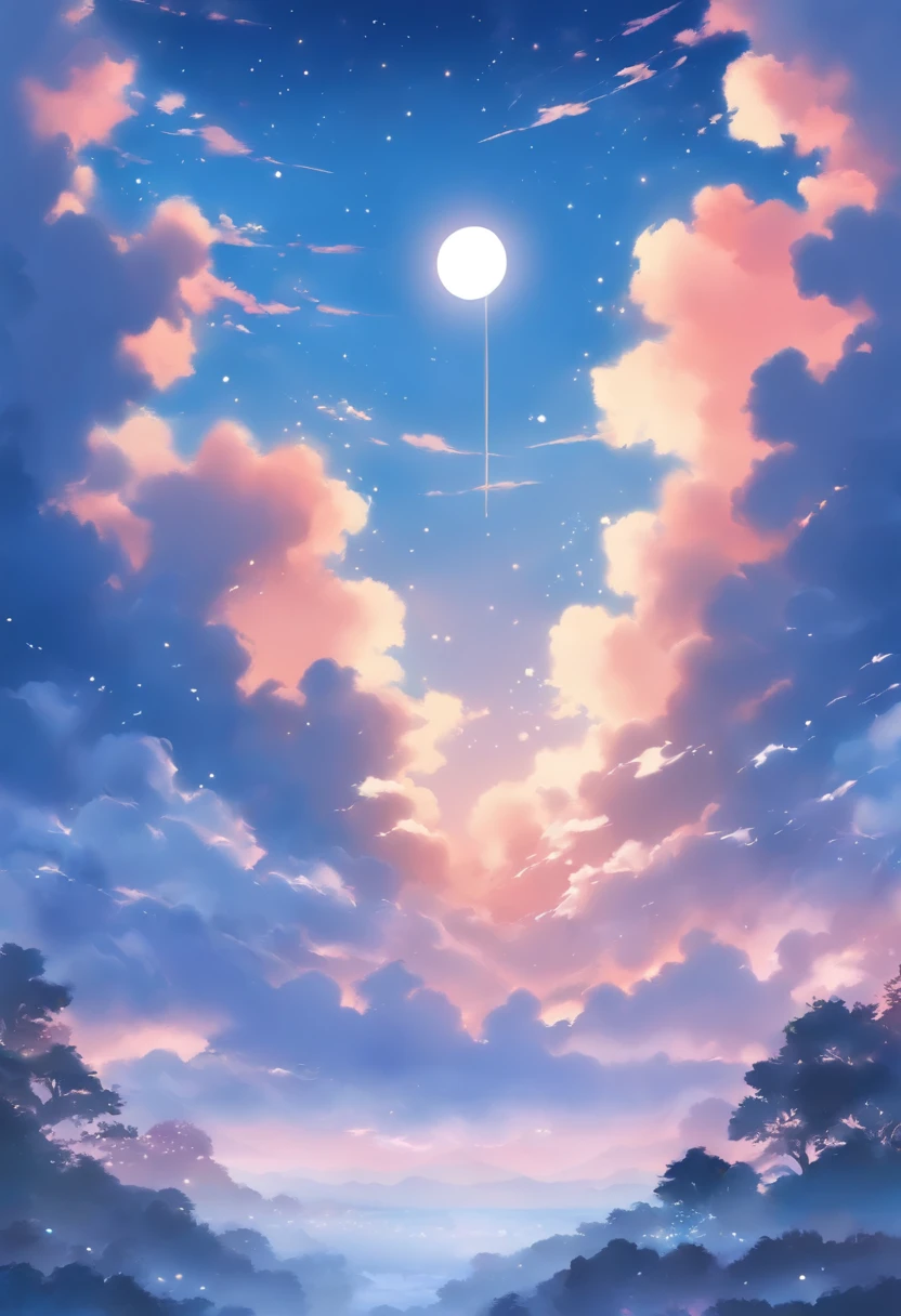 Simple landscape painting,Ancient wind,Around eleven o'clock in the evening,Clouds,themoon,naive,Line watercolor,Star blue,The color is a little darker