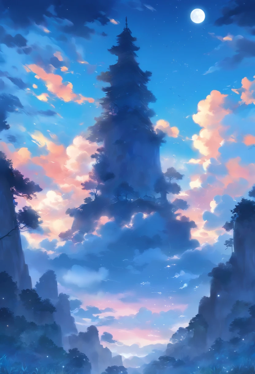 Simple landscape painting，Ancient wind，Around eleven o'clock in the evening，Clouds，themoon，naive，Line watercolor，Star blue，The color is a little darker