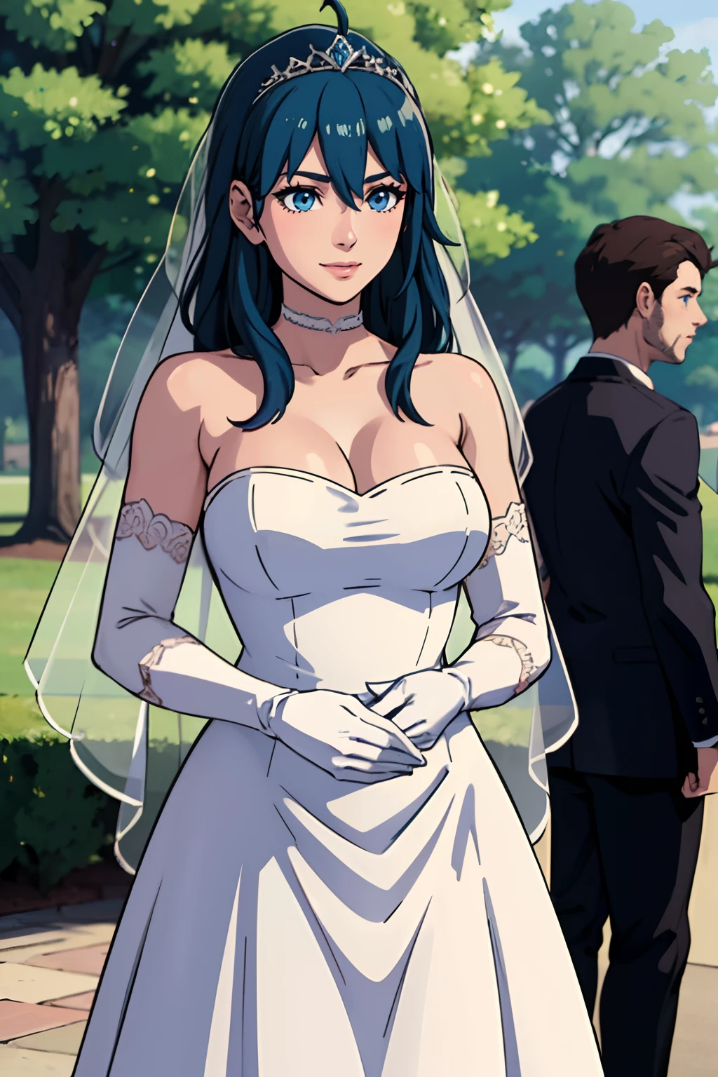 fembyleth, bangs, blue eyes, hair between eyes, ahoge, blue hair, star \(symbol\), hair ornament, dress, cleavage, bare shoulders, collarbone, long white elbow gloves, white gloves, white dress, white choker, strapless, tiara, veil, strapless dress, wedding dress, bridal veil, beautiful woman, perfect body, perfect breasts, wearing a wedding dress, ball gown, in the park trees, wedding decorations, a warm smile, realism, masterpiece, textured skin, super detail, high detail, high quality, best quality, 1080p, 16k