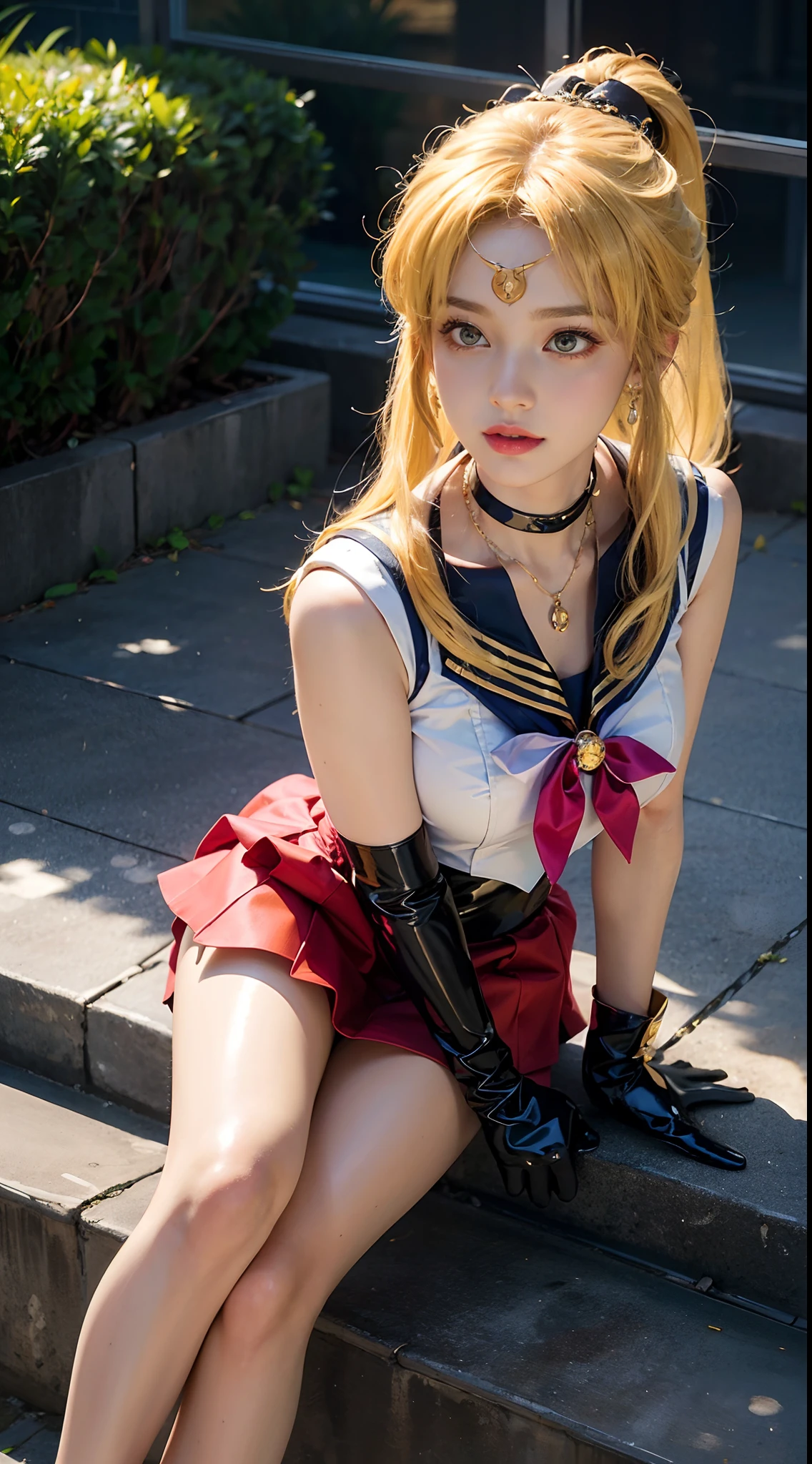 ((masterpiece:1.4)、(top-quality:1.4)、(reallistic:1.7))、masuter piece:1.4、a beauty girl、(Sailor Moon:1.4)、Tsukino Usagi、Body Fit Sexy Sailor Senshi Uniform、(latex shiny)、(The jacket is a white sleeveless sailor suit)、(Skirt is blue sexy ultra ultra mini skirt)、The collar of the sailor suit is blue with two thin lines.、high leg swimsuit、Red cloth ornament at chest、(Wearing white gloves)、Kawaii Girl、Super beauty、foco nítido、Portrait photos、Upper body photography:1.4、beautiful countenance、beautidful eyes、Narrow waist、(Yellow hair:1.4)、(length hair:1.2)、Raw photo、red-lips、Red high heels:1.4、a choker:1.4、a necklace:1.4、耳Nipple Ring:1.4、Luxurious golden tiara on forehead:1.4、1 screen display、Outdoor landscape, alessandra rich outfit, alessandra rich outfit