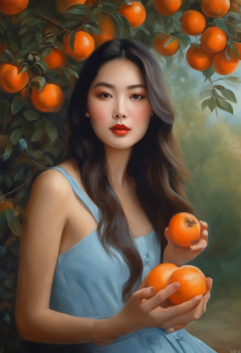 An enchanting watercolor painting of a serene Japanese girl standing naked, with her face turned forward and a gentle smile on her lips. She holds an array of vibrant fruits on her chest, including oranges, apples, and peaches, which appear to be alive and glowing with energy. The background is a dreamy blend of soft pinks and purples, creating an ethereal atmosphere. The overall composition exudes a sense of tranquility and harmony with nature.