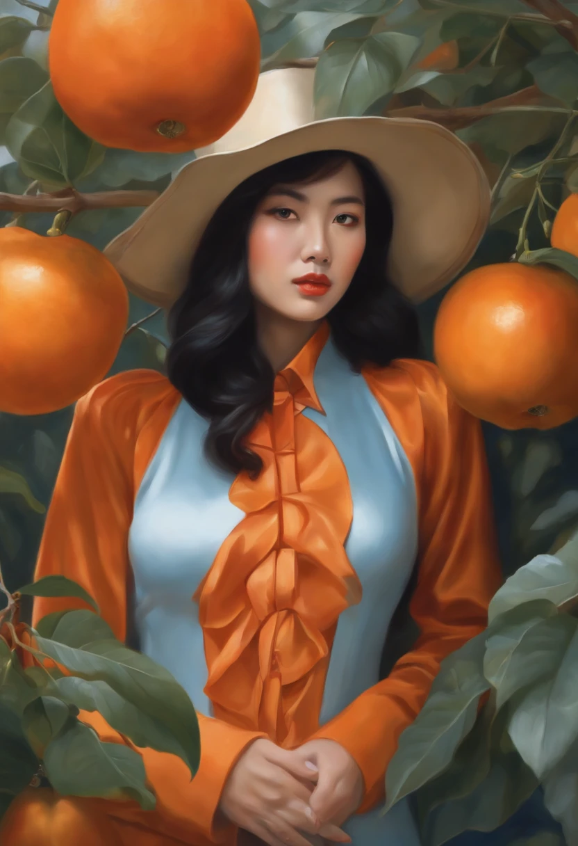 fashion magazine,ultrarealism oil painting,(persimmon),Chinese young woman,Light blue and orange,Orange tree background,The style of artist Bruce Zheng,shinny hair,cowboy lens,art-deco,Verism,blooms,Award-Awarded,retinas