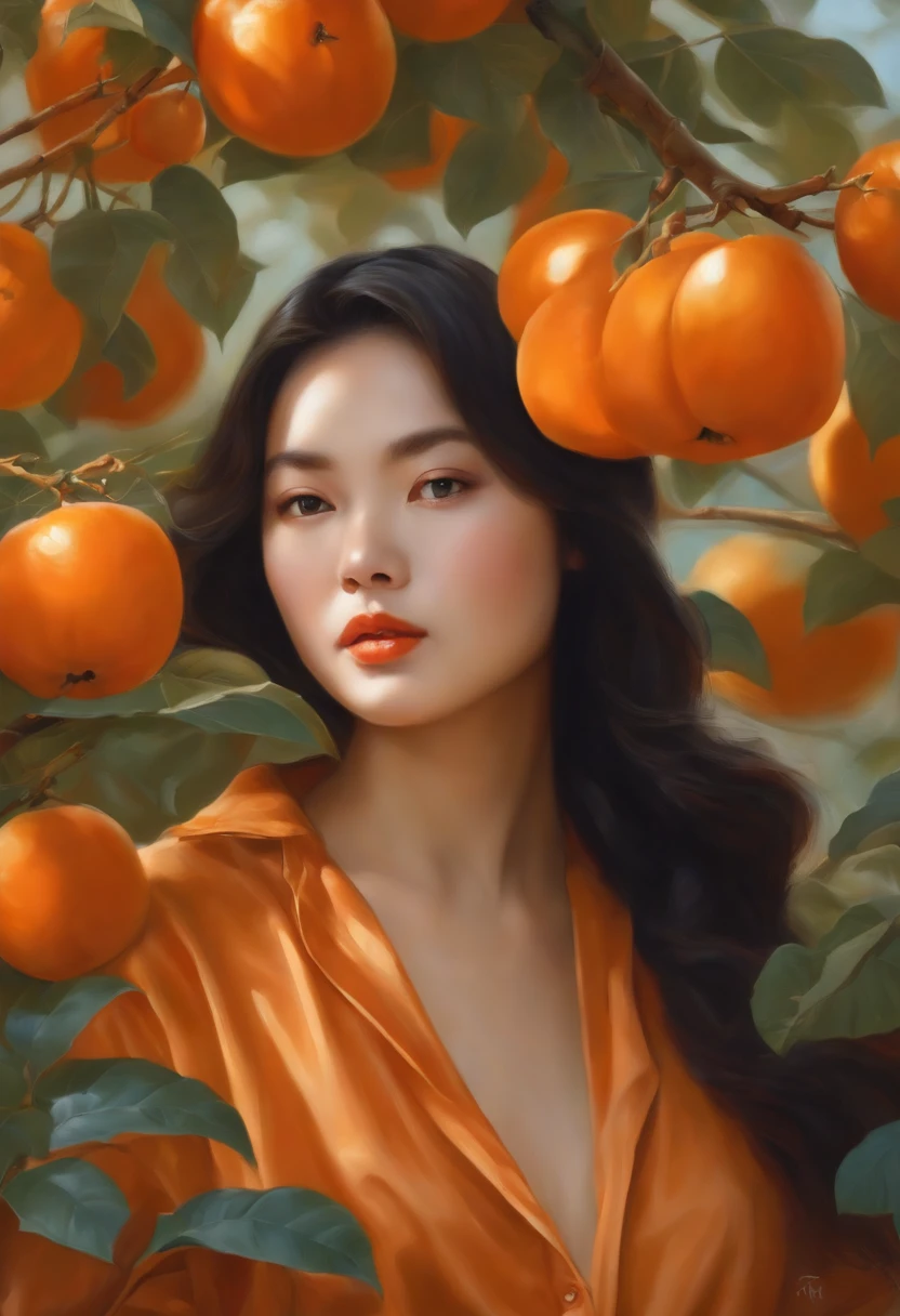 fashion magazine,ultrarealism oil painting,(persimmon),Chinese young woman,Light blue and orange,Orange tree background,The style of artist Bruce Zheng,shinny hair,cowboy lens,art-deco,Verism,blooms,Award-Awarded,retinas