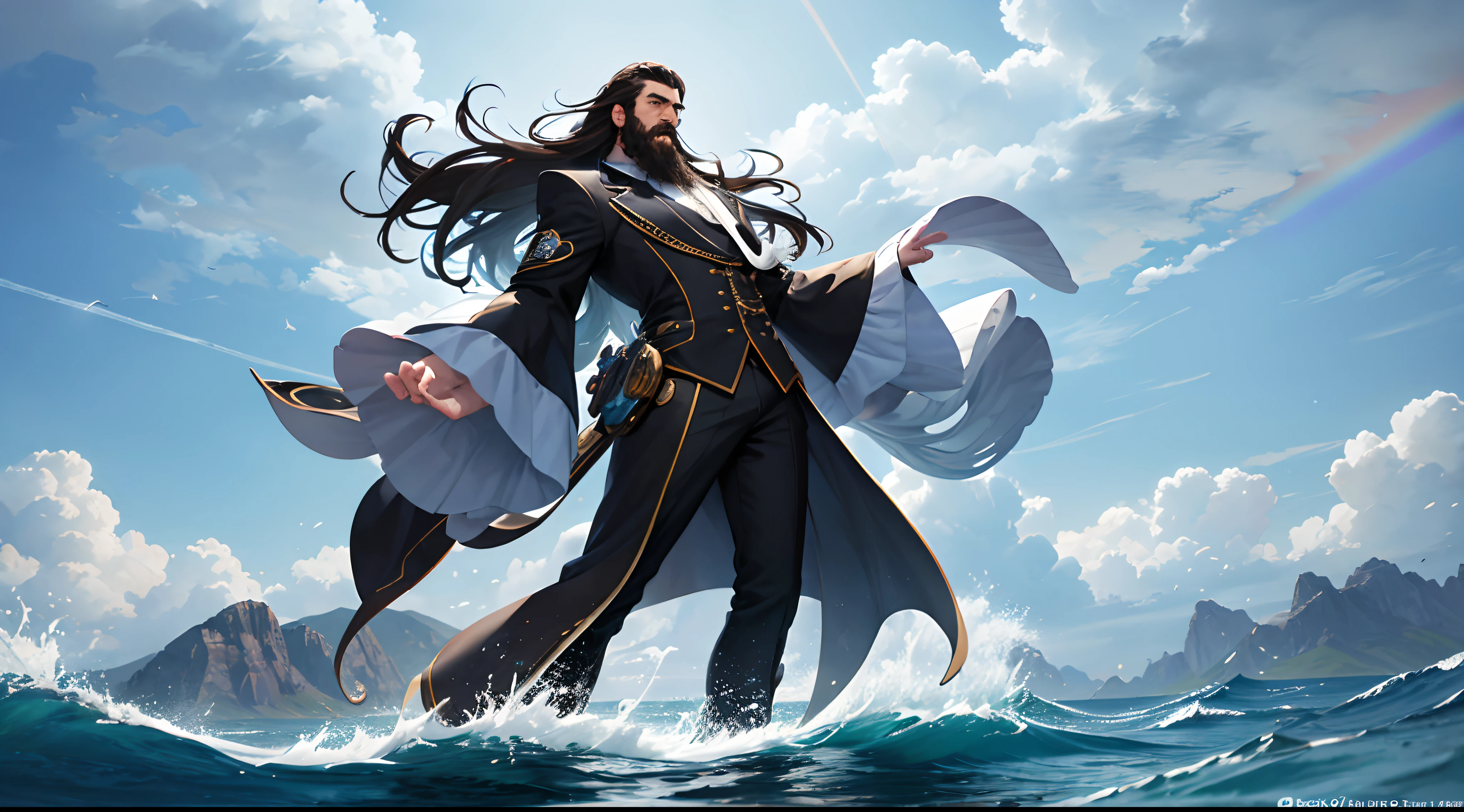 A beard man with dredlock hair, floating in the sky, wearing suit,he possesses hydrokinesis, displaying the ability to move water in the form of flying, creating massive waves and splashes,in the ocean, five fingers with details, masterpiece, award winning, (16k resolution) , high quality, mountains in distance, clouds, rainbow