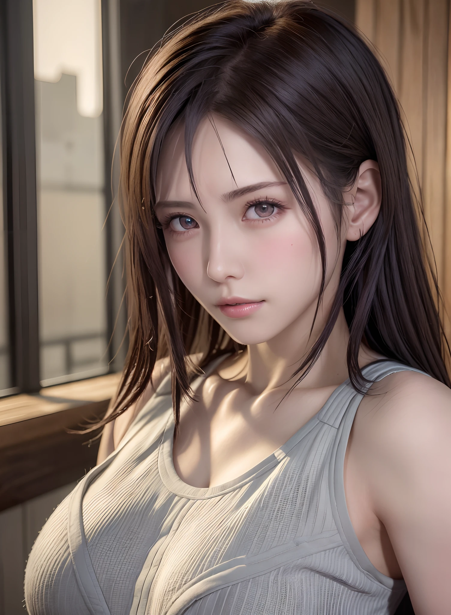 high quality picture, masutepiece, detailed hair texture, Detailed skin texture, Detailed Cloth Texture, 8K, Add fabric details, ultra detailed skin texture, ultra detailed photographic, Skin pores, Portrait of a girl, wearing tank top,