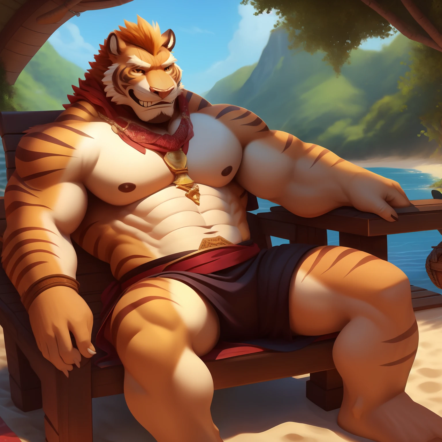 Saber-toothed tiger orcs，sandbeach，deck chair，male，musculature