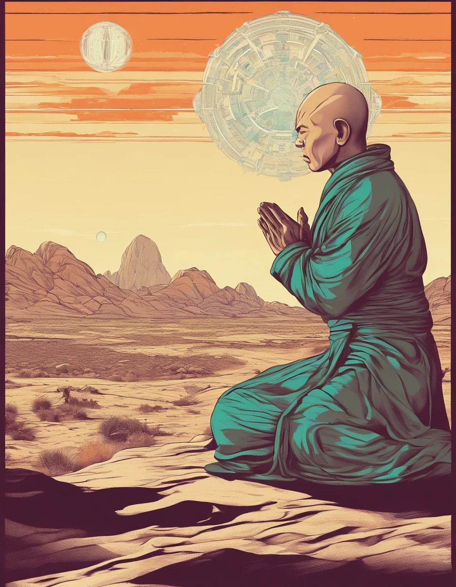 A Buddhist monk praying in desert,  mountains