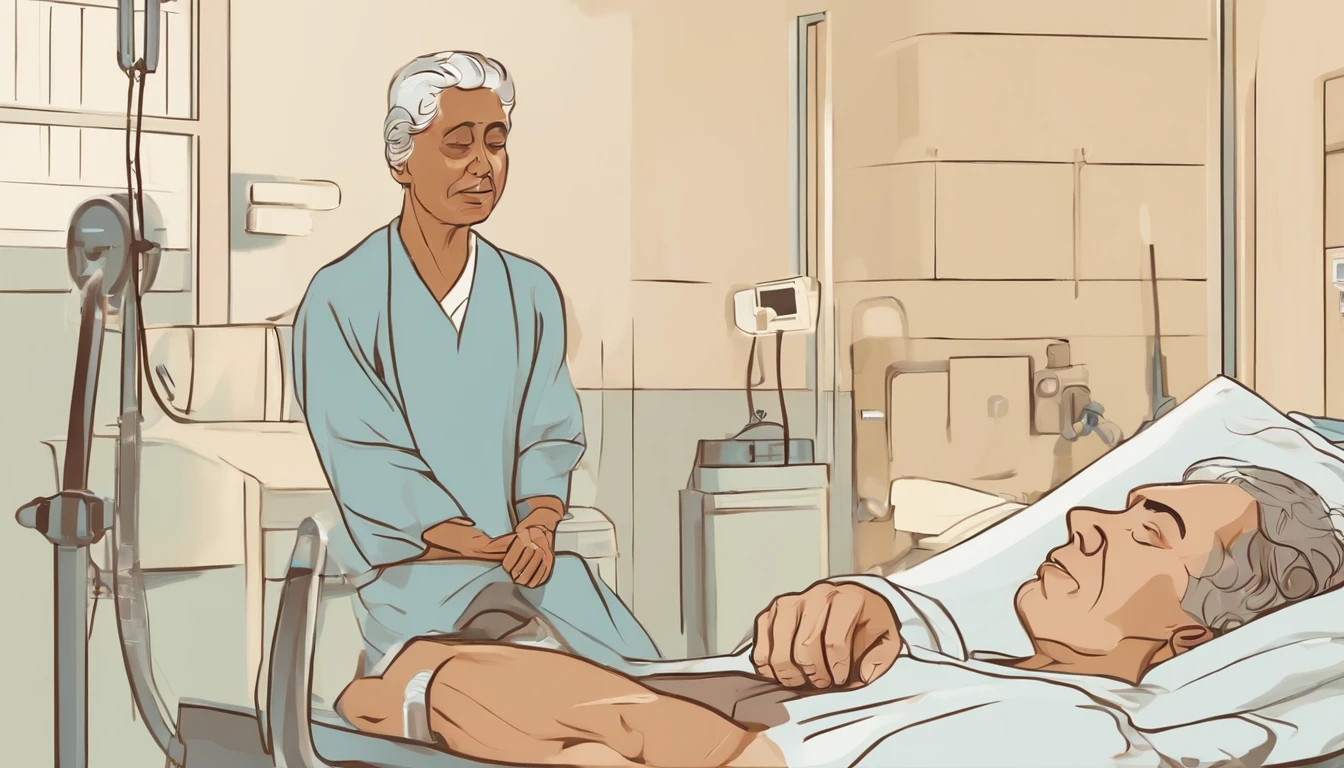 (("Frail Resilience: Hospitalized Man Finding Strength Amidst Vulnerability")) in a tender and empathetic composition. Depict a man lying in a hospital bed, his face showing a mix of weariness and determination, surrounded by the clinical, sterile environment of a hospital room. Capture his frailty, emphasized by the medical equipment and IV lines, portraying the vulnerability that comes with illness. Highlight the resilience in his eyes, reflecting a quiet strength amidst his weakened state, symbolizing the unwavering spirit that drives him forward. Convey a sense of hope and perseverance, illustrating the human capacity to find courage in the face of adversity. Use an art style that exudes warmth and empathy, employing (((soft colors and gentle lighting))) to create a visually sensitive portrayal of the hospitalized man, capturing the delicate balance between vulnerability and strength, and celebrating the human spirit's ability to endure even in the most challenging moments.
```