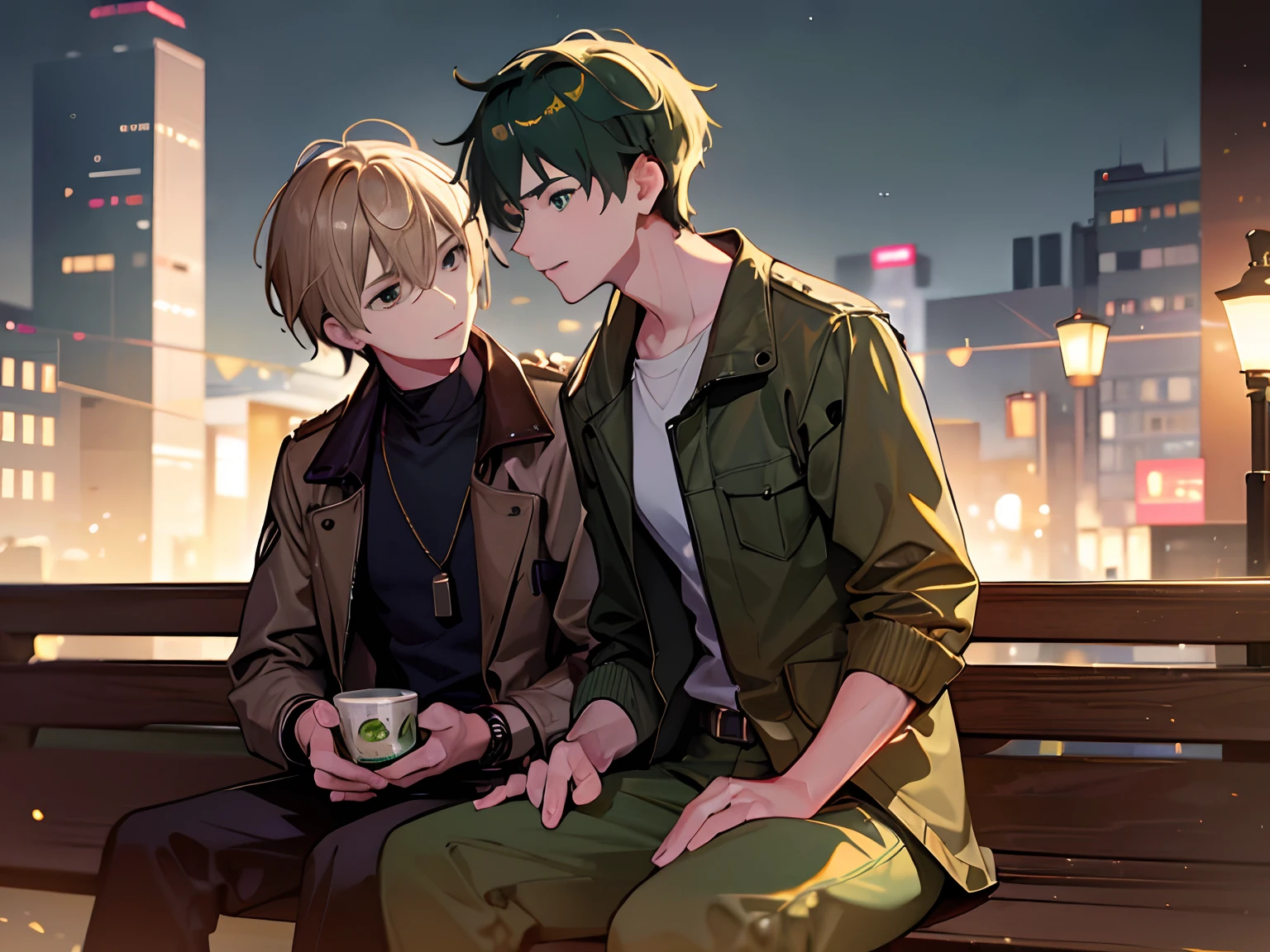 Best Quality, masutepiece, hight resolution, Two adult males,Khaki jacket、Dark green jeans,sitting on,Having a conversation, Gay Male Relationships,Beautiful face,Man's_Body, The face of a shy man、Man's eyes、, two tone lighting,(High detailed skin:1.2), 8K UHD, Digital SLR, Soft lighting, High quality, Volumetric lighting, Candid, photograph, High resolution, 4K, 8K, Bokeh