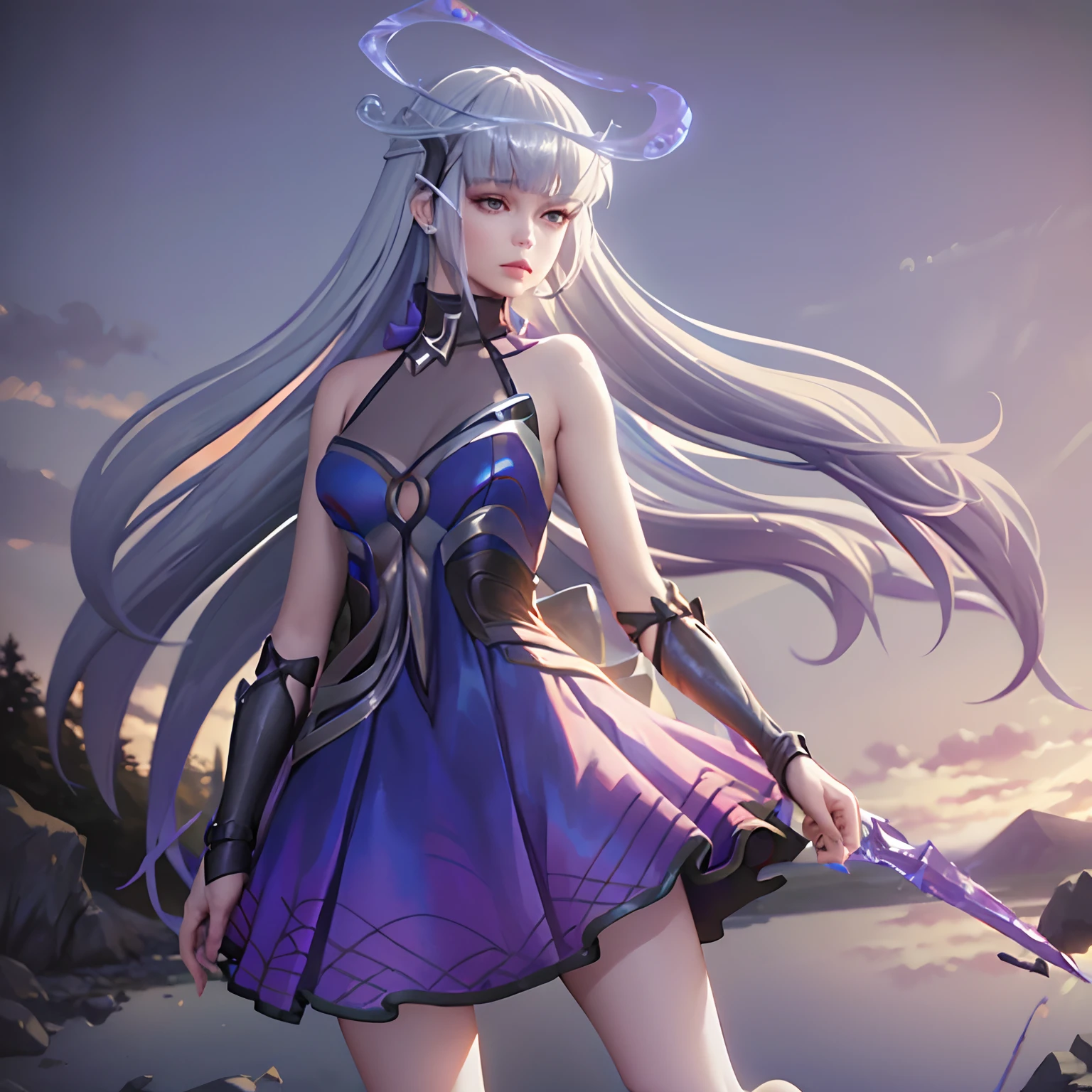 Sinestrea_Wave, ((big breasts)), 1girl, solo, long hair, dress, bare shoulders, jewelry, medium breasts, very long hair, blue hair, full body, weapon, earrings, barefoot, sleeveless, signature, blunt bangs, sleeveless dress, halo, polearm, purple dress, floating, reflection, toenails (masterpiece,best quality:1.5),the woman in the field is dressed for the camera, in the style of daria endresen, kris knight, scottish landscapes, light navy and dark brown, georg jensen, intense close-ups, matte photo