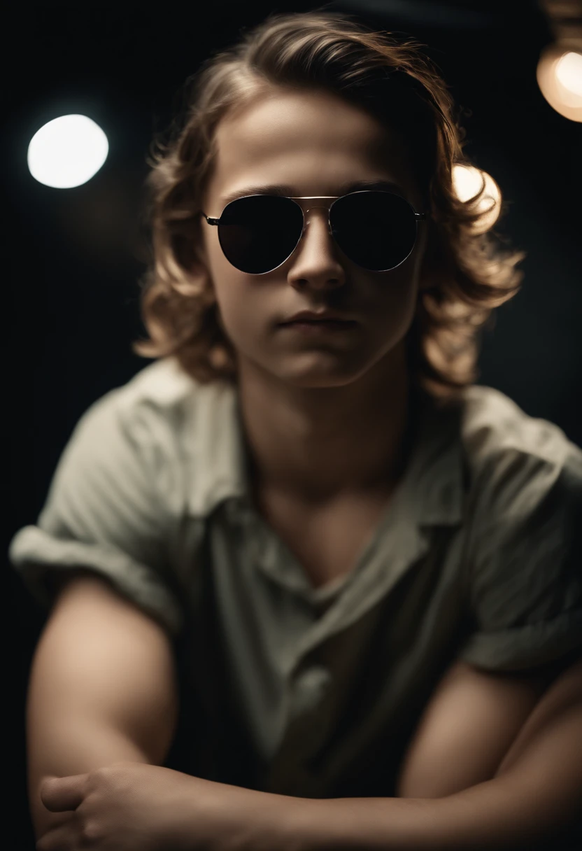 (best quality,ultra-detailed,picture-perfect,professional:1.2),boy with sunglasses,black background,cool,dark,stylish,contrast,lit from the side