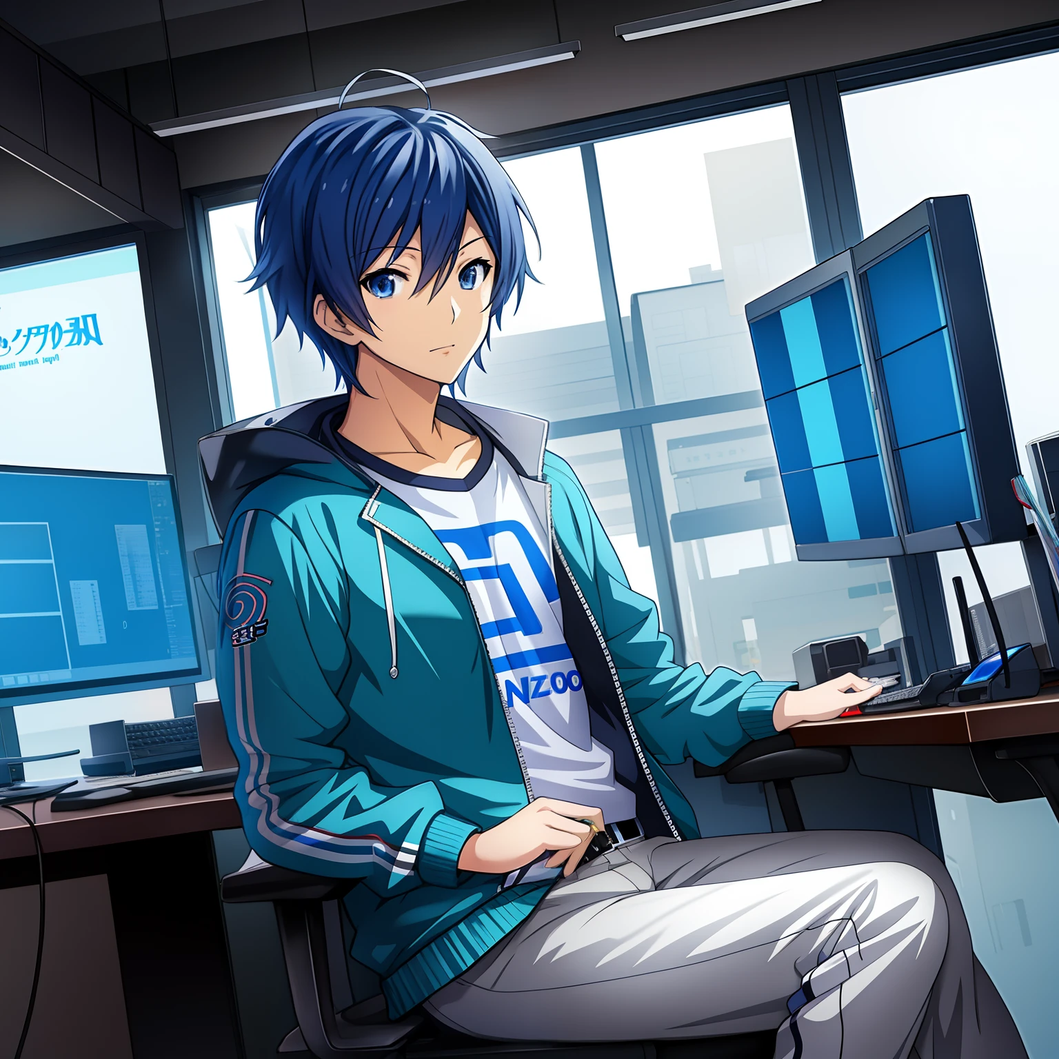 Anime character sitting at desk with two monitors and keyboard, anime style 4 k, Smooth Anime CG Art, shigenori soejima illustration, anime moe art style, best anime 4k konachan wallpaper, 4k anime wallpaper, Handsome Anime Pose, 2 d anime style, anime wallpaper 4 k, anime wallpaper 4k, nightcore