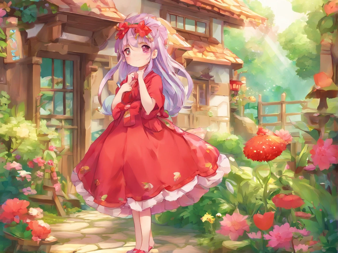 bit girl,Wearing a red dress,faeries,A house,trpical garden,Tano,mont