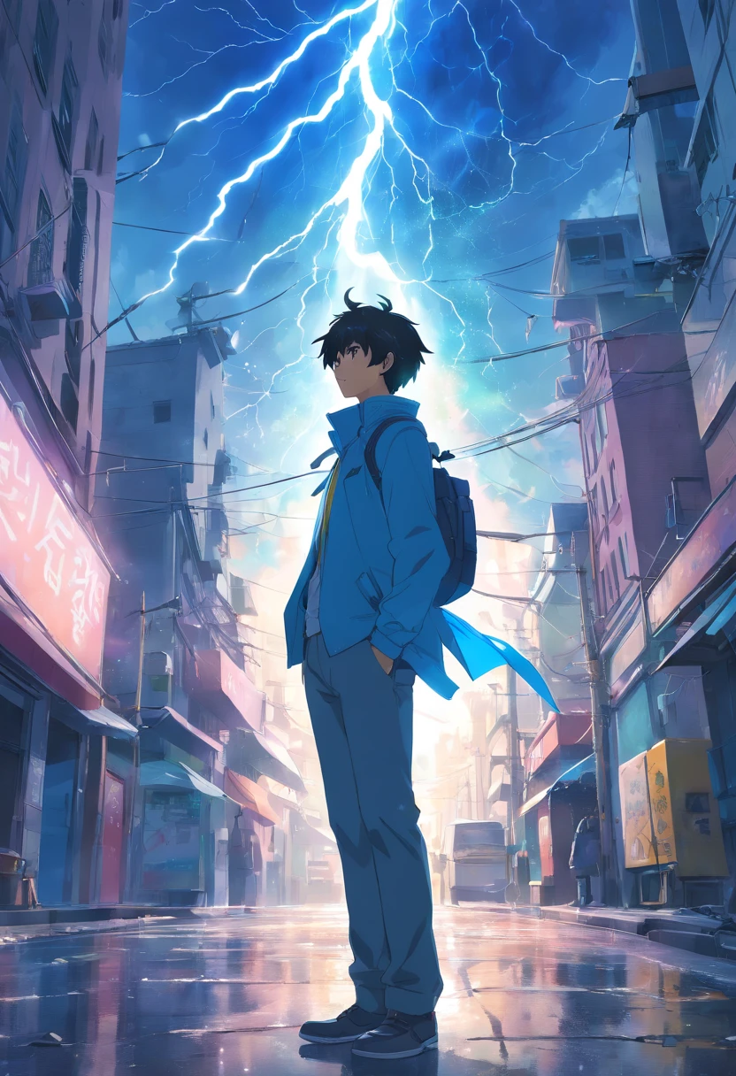 (36-year-old man in soul body with blue and black lightning particles emitting around it), 3D rendering, movie special effects, movie lighting, city in ruins, clear HD, 8K resolution, very detailed, digital painting, concept art, Shinkai Makoto style, pop popularization trend, pop, pop trend, pop trend on pixiv.