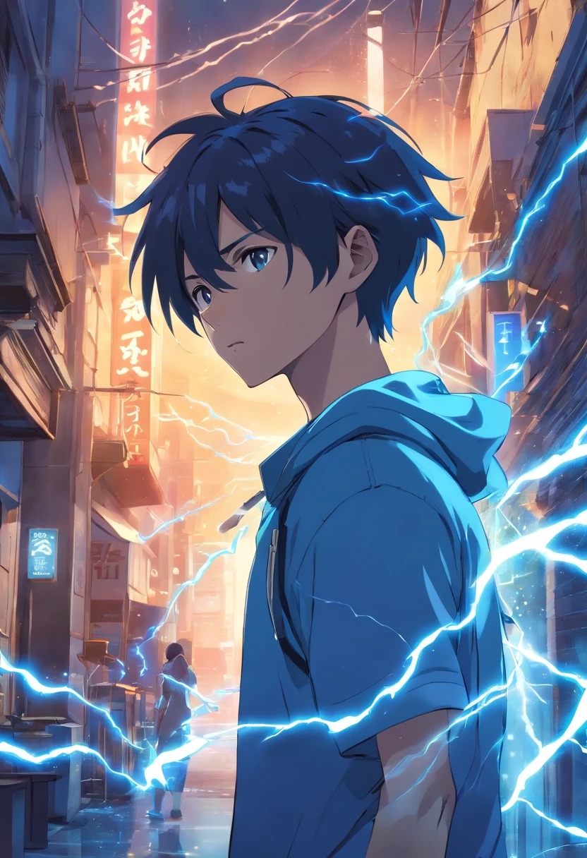 (36-year-old man in soul body with blue and black lightning particles emitting around it), 3D rendering, movie special effects, movie lighting, city in ruins, clear HD, 8K resolution, very detailed, digital painting, concept art, Shinkai Makoto style, pop popularization trend, pop, pop trend, pop trend on pixiv.