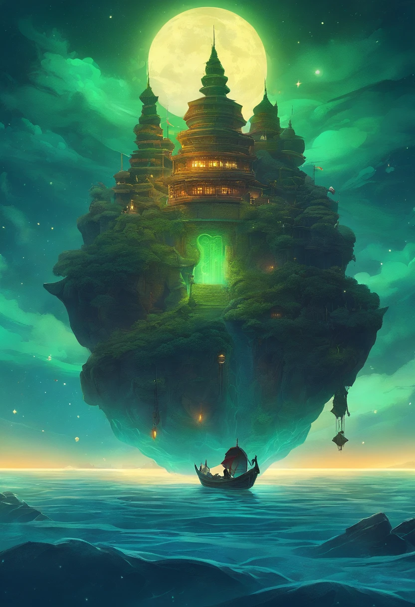 Vast night,the beautiful skyline,Vast ocean,Intense and dramatic imagery,the moving visual effects,A bright moon hanging high,Colorful natural light。A little boy sits on a lonely boat,Reaching out is an ancient lamp,The green face is full of years,Look at the cyan Kong Ming lantern floating in the sky,The whole night sky is covered with cyan,Green Lantern Night Tour