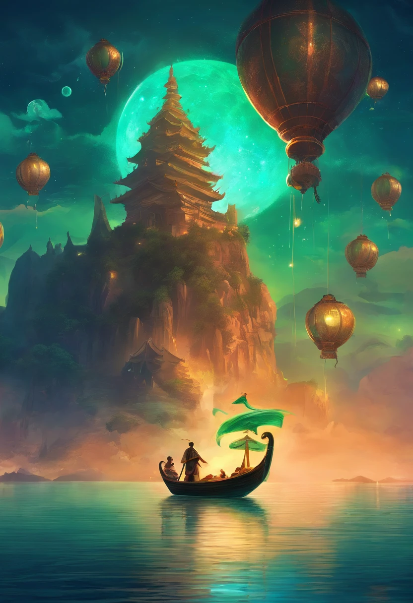 Vast night，the beautiful skyline，Vast ocean，Intense and dramatic imagery，the moving visual effects，A bright moon hanging high，Colorful natural light。A little boy sits on a lonely boat，Reaching out is an ancient lamp，The green face is full of years，Look at the cyan Kong Ming lantern floating in the sky，The whole night sky is covered with cyan，Green Lantern Night Tour