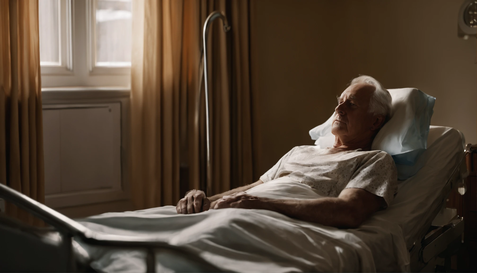 (("Frail Resilience: Hospitalized Man Finding Strength Amidst Vulnerability")) in a tender and empathetic composition. Depict a man lying in a hospital bed, his face showing a mix of weariness and determination, surrounded by the clinical, sterile environment of a hospital room. Capture his frailty, emphasized by the medical equipment and IV lines, portraying the vulnerability that comes with illness. Highlight the resilience in his eyes, reflecting a quiet strength amidst his weakened state, symbolizing the unwavering spirit that drives him forward. Convey a sense of hope and perseverance, illustrating the human capacity to find courage in the face of adversity. Use an art style that exudes warmth and empathy, employing (((soft colors and gentle lighting))) to create a visually sensitive portrayal of the hospitalized man, capturing the delicate balance between vulnerability and strength, and celebrating the human spirit's ability to endure even in the most challenging moments.
```