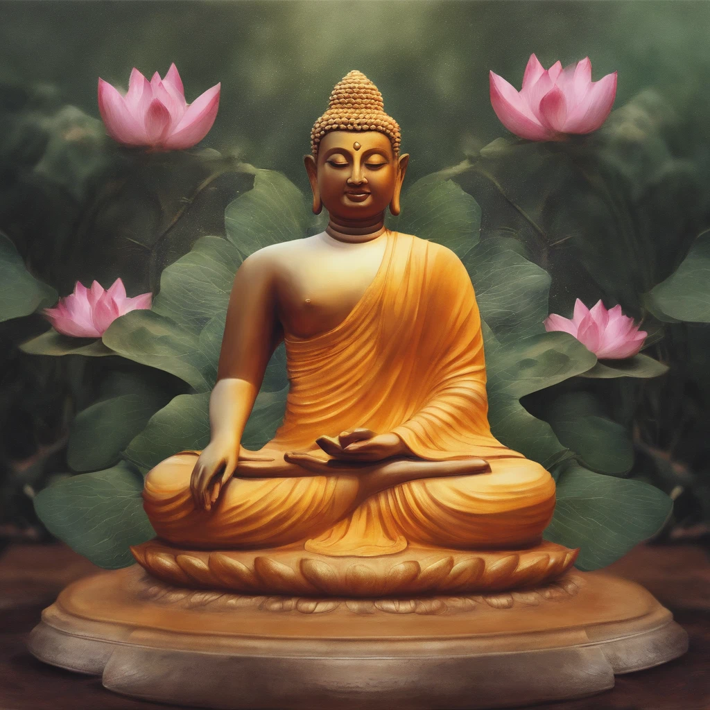 Watercolor painted open lotus flower with a seated Buddha meditating