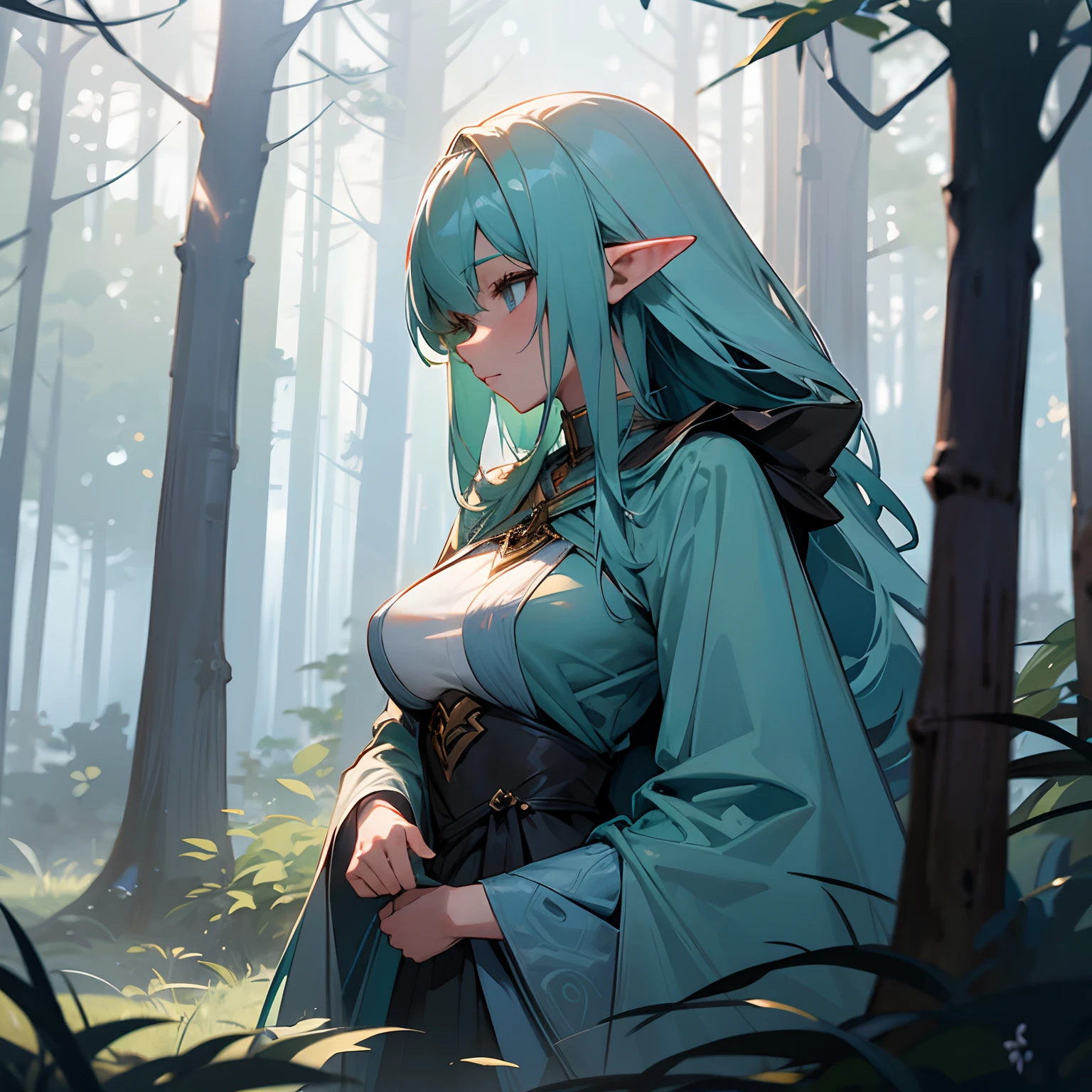 Hentai, anime style, Seductive gray skin, elf hentai, huge cleavage, Huge breasts, huge thighs, naughty smile, JanelaBoob, sweating, sweating, in front of a dark Forest with big trees long white ponytail, --auto