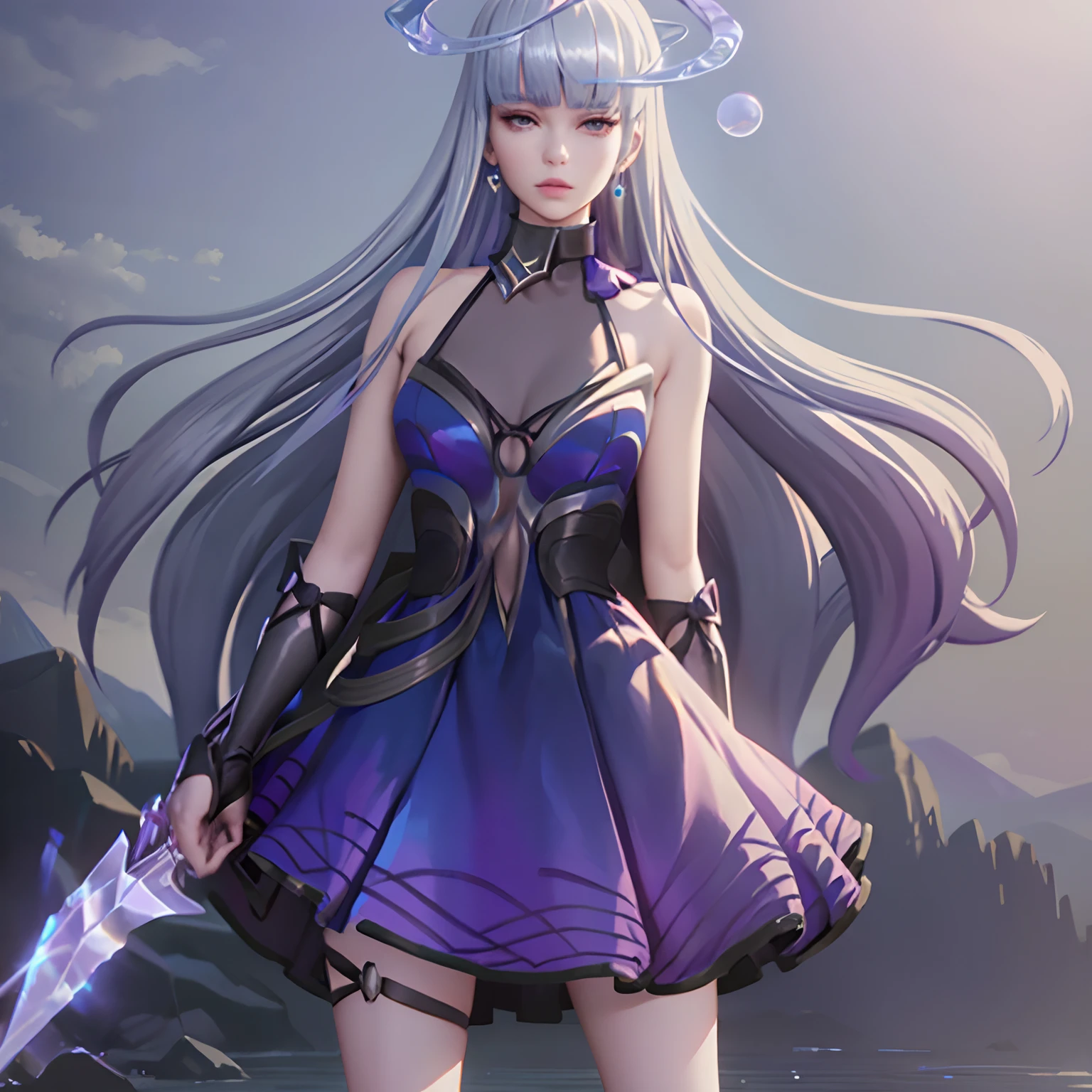 Sinestrea_Wave, ((big breasts)), 1girl, solo, long hair, dress, bare shoulders, jewelry, medium breasts, very long hair, blue hair, full body, weapon, earrings, barefoot, sleeveless, signature, blunt bangs, sleeveless dress, halo, polearm, purple dress, floating, reflection, toenails (masterpiece,best quality:1.5),the woman in the field is dressed for the camera, in the style of daria endresen, kris knight, scottish landscapes, light navy and dark brown, georg jensen, intense close-ups, matte photo