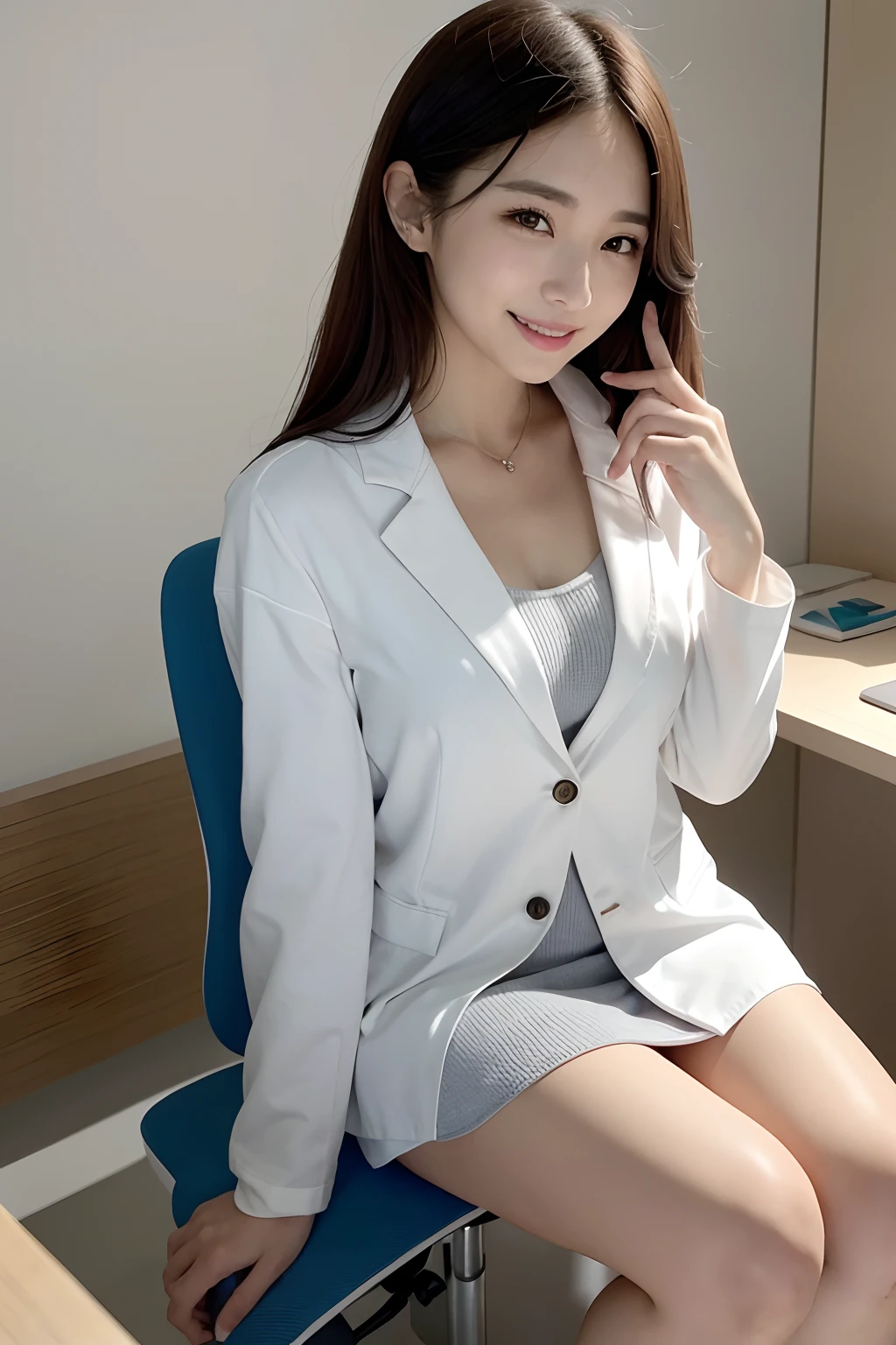 Female doctor in white coat、1Man Woman、(Smile Face:1.1)、Slim Face、The most beautiful women in the world、hyperdetailed face、Detailed eye、二重まぶた、Kamimei、perfect teeth、Perfect tooth alignment、(glistning skin)、(sun-kissed skin)、(real looking skin)、View、Blurred background、(large boob)、、full body Esbian、frontage、Slim Face、Brightly colored clothing、Sit in a chair in the exam room、Wear a stethoscope、From above、a miniskirt、beautiful hairl、tiny chest、Full Body Pose、(pureerosface_v1:0.8)、a small face、ssmile、A sexy、hide one's hands、