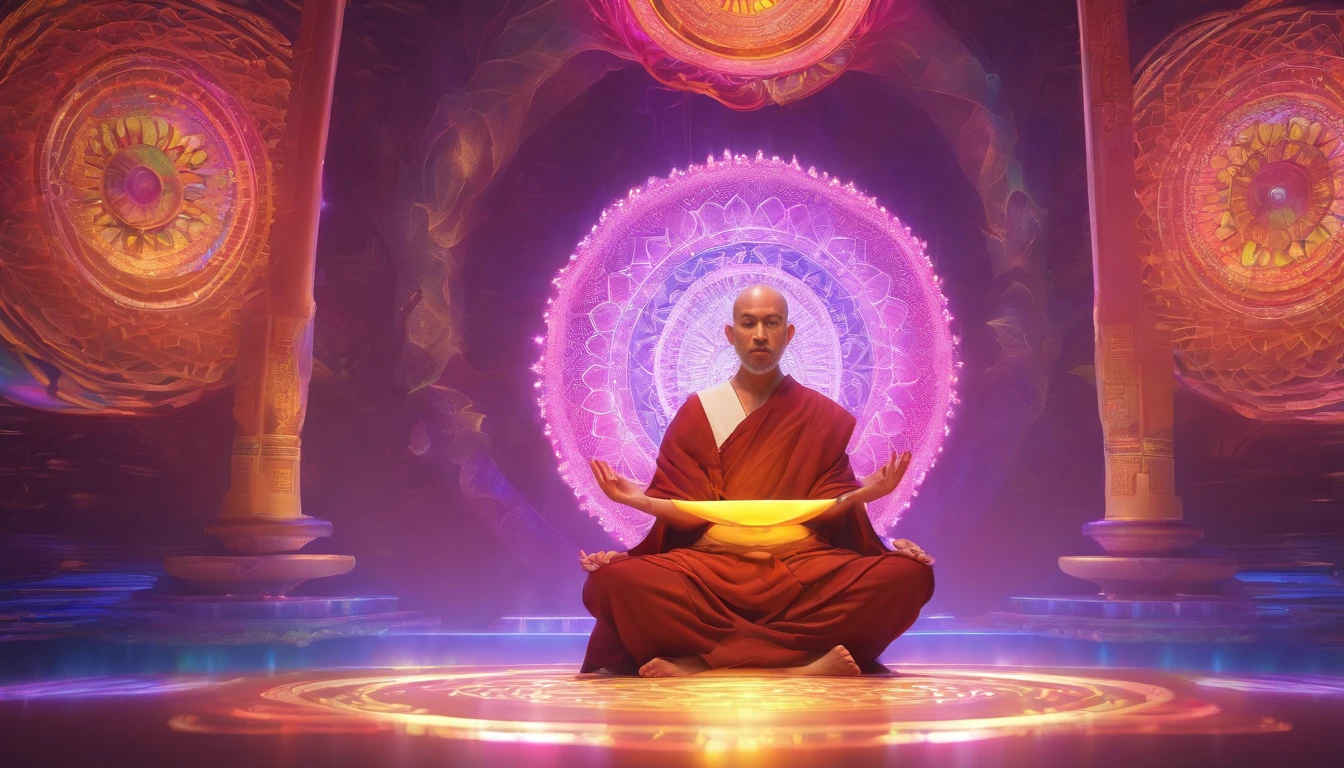 Monk meditating in front of iridescent aura background, Mandala style, ArtGerm, uhd image, gongbi, visual harmony, Mystical mechanism, queencore