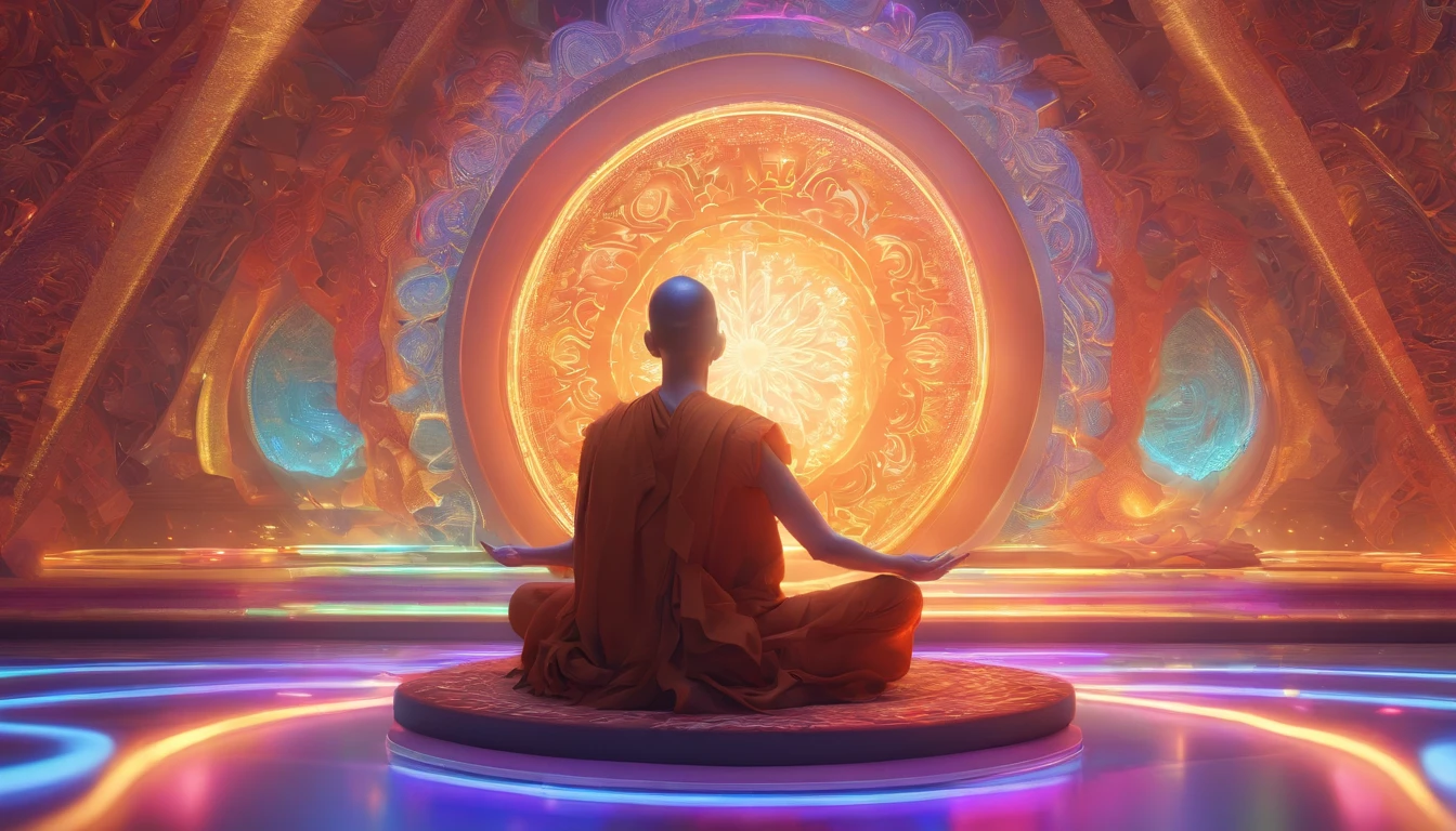 Monk meditating in front of iridescent aura background, Mandala style, ArtGerm, uhd image, gongbi, visual harmony, Mystical mechanism, queencore