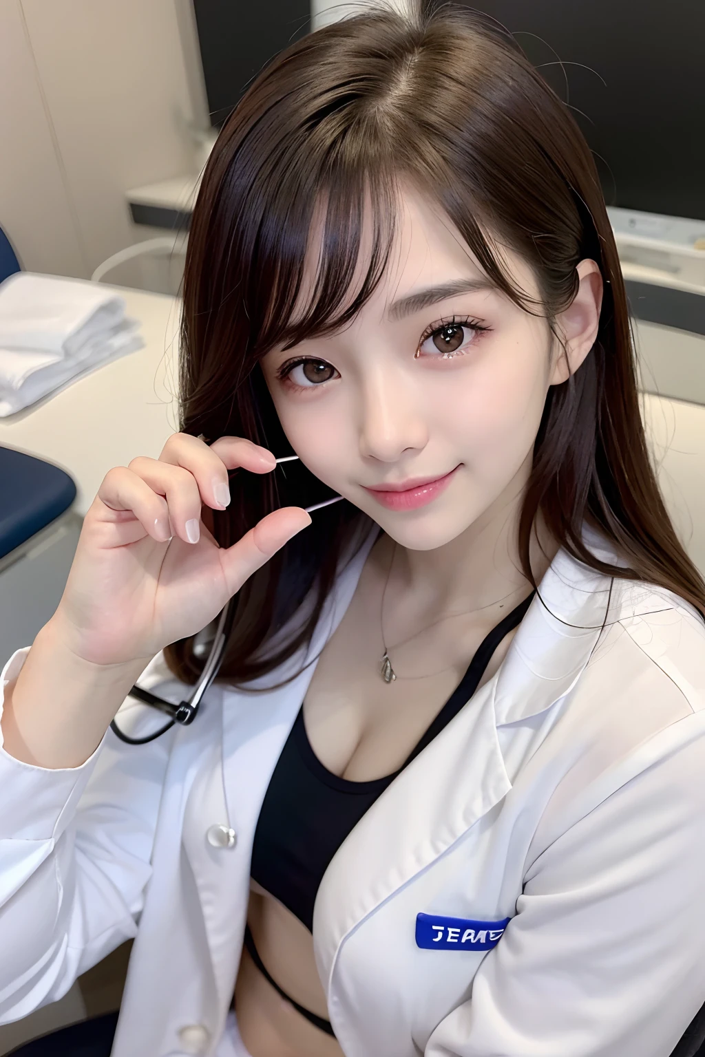 Female doctor in white coat、1Man Woman、(Smile Face:1.1)、Slim Face、The most beautiful women in the world、hyperdetailed face、Detailed eye、二重まぶた、Kamimei、perfect teeth、Perfect tooth alignment、(glistning skin)、(sun-kissed skin)、(real looking skin)、View、Blurred background、(large boob)、、full body Esbian、frontage、Slim Face、Brightly colored clothing、Sit in a chair in the exam room、Wear a stethoscope、From above、a miniskirt、beautiful hairl、tiny chest、Full Body Pose、(pureerosface_v1:0.8)、a small face、ssmile、A sexy、hide one's hands