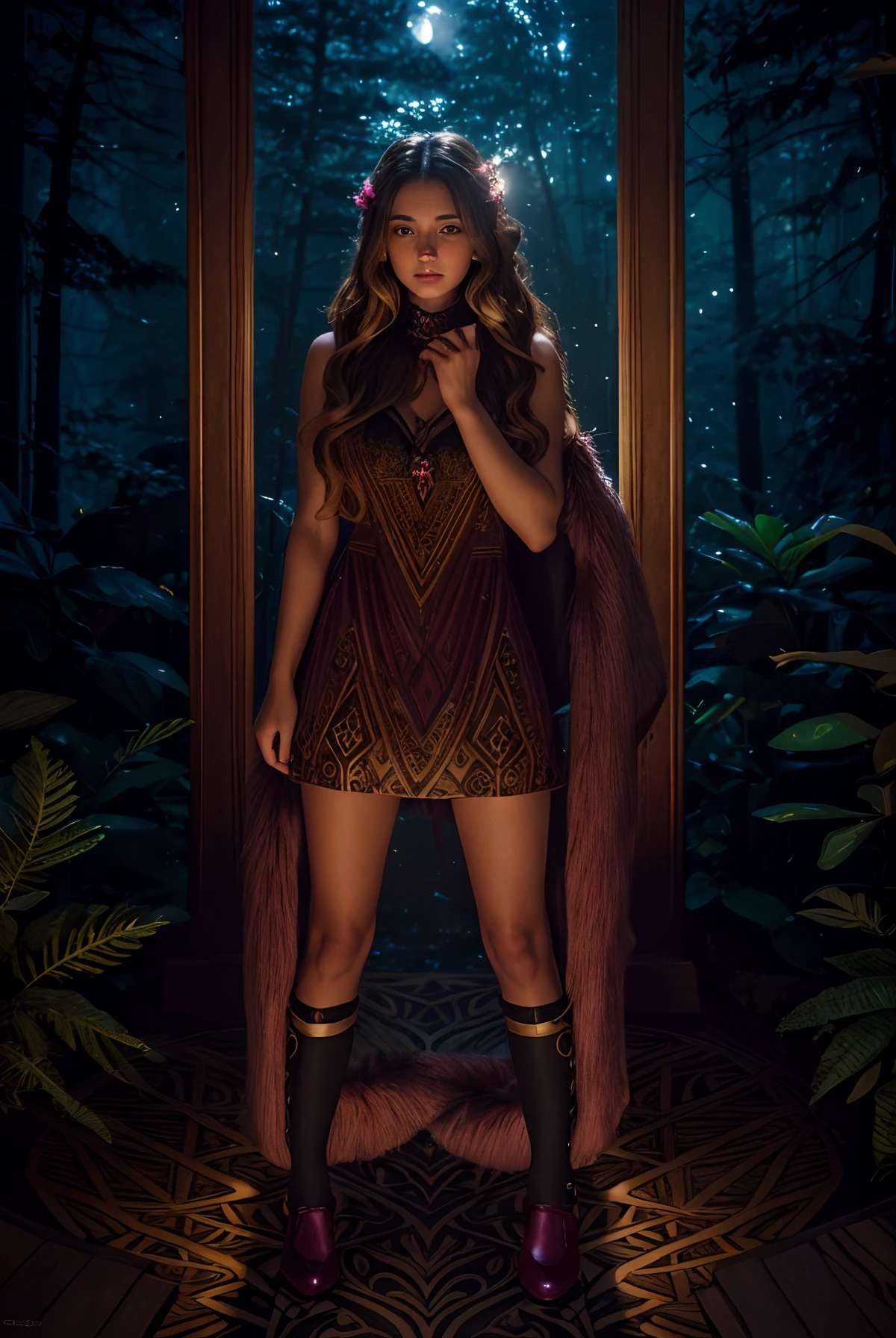 a ((girl, forest girl, fur collar, woman)) Mulatto, her skin is a deep brown covered in many pink and light blue bioluminescent tattoos of rune and Nordic design, solid rich deep brown hair color, beautiful long full wavy brown hair with bioluminescent yellow gold and white highlights, very dark forest trail, wearing a glowing enchanted gemmed collar color with bioluminescent, bioluminescent, full moon-lit, iconography, hints of maroon color, ultra detailed, beautiful and aesthetic, High quality, beautiful, masterpiece, best quality, (zentangle, mandala, tangle, entangle :0.6), 24k resolution, photorealistic around the world just to say She had been mine for a day