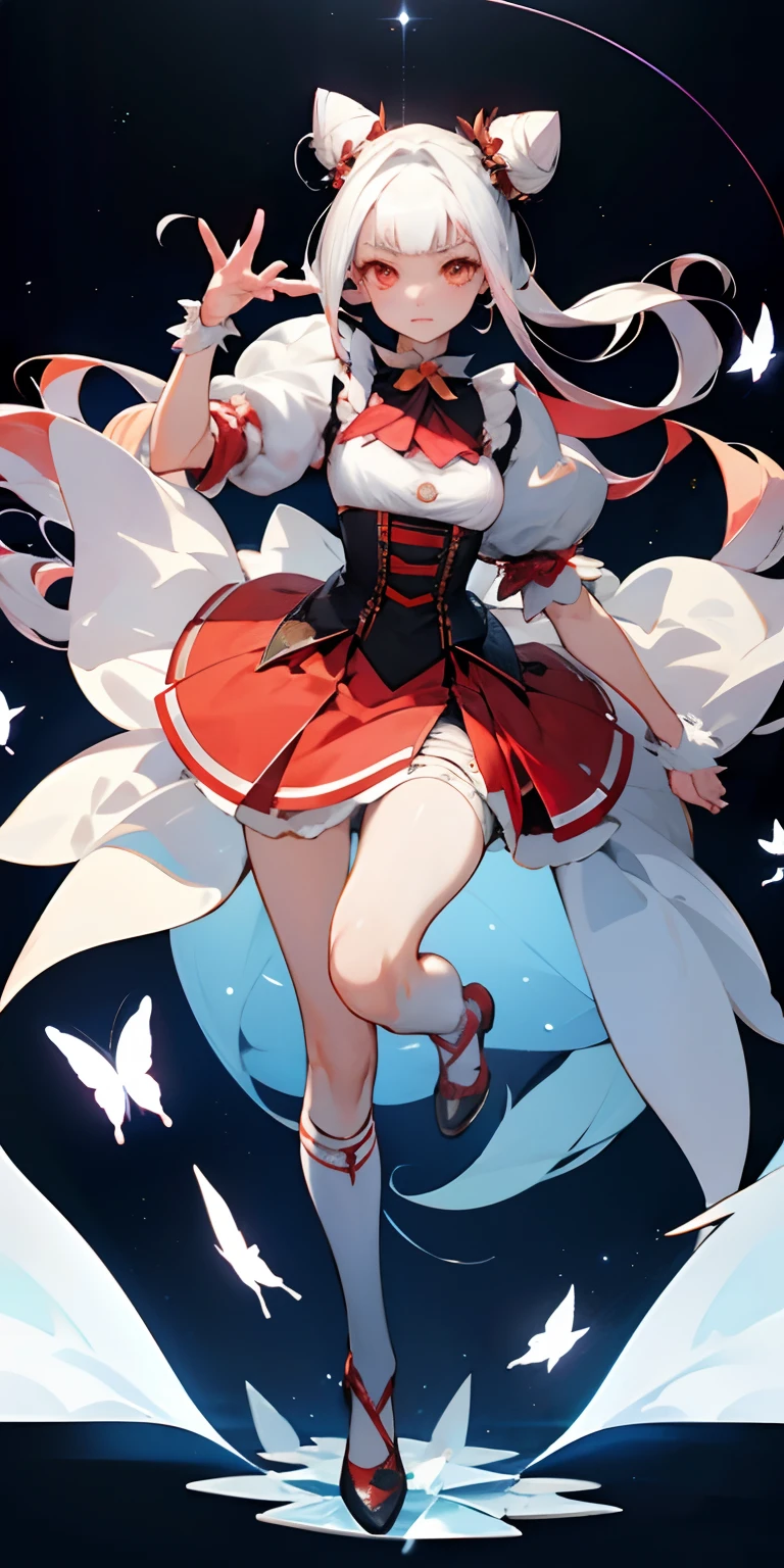 full body charming poses, hair buns, platinum white hair with colored streaks and slick bangs, ice crystal light orange eyes, cosplayer, sewing master, seamstress, needle with thread, Kakegurui anime theme and concept, expert gamer (best quality, masterpiece, ultra-realistic), illustrated by Tōru Naomura. ,portrait of 1 beautiful and delicate girl, with a soft serious expression, the background scenery is space with fluffy clouds, webs inn the sky and butterflies flying around light effect,