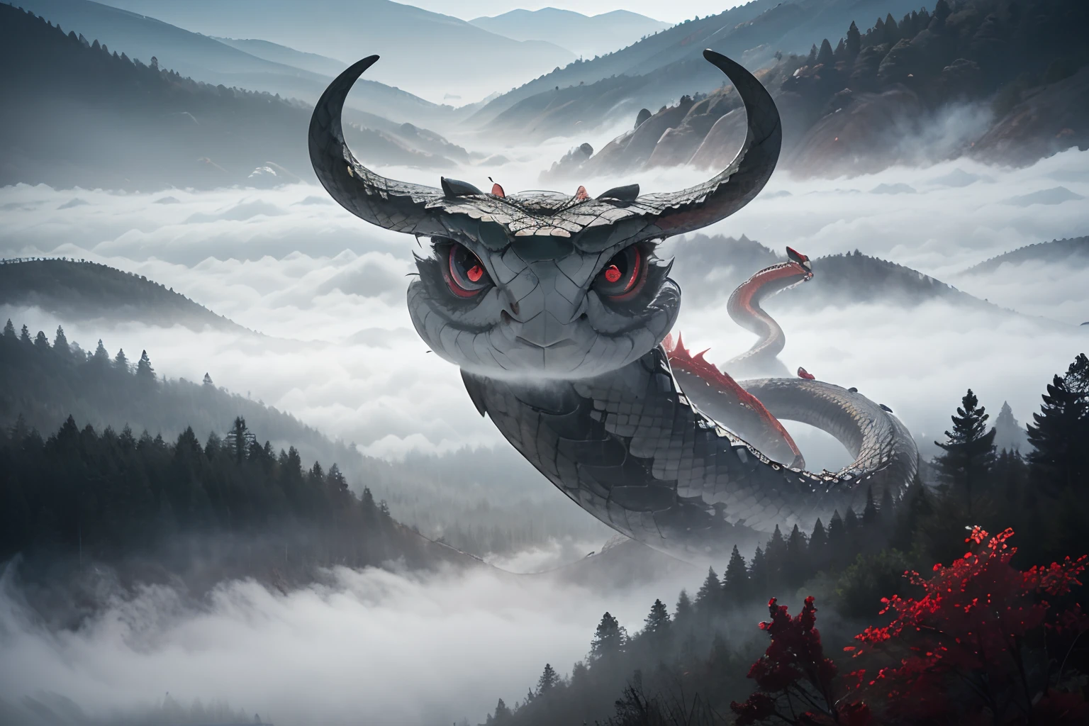 low key lighting, masterpiece, intricate details, Tyndall Effect, mist in woods, fog, wide-angle, 8k, from above, bird-eye, (huge snake : appearing from the mist, red eyes, white skin), zhenbanqiao