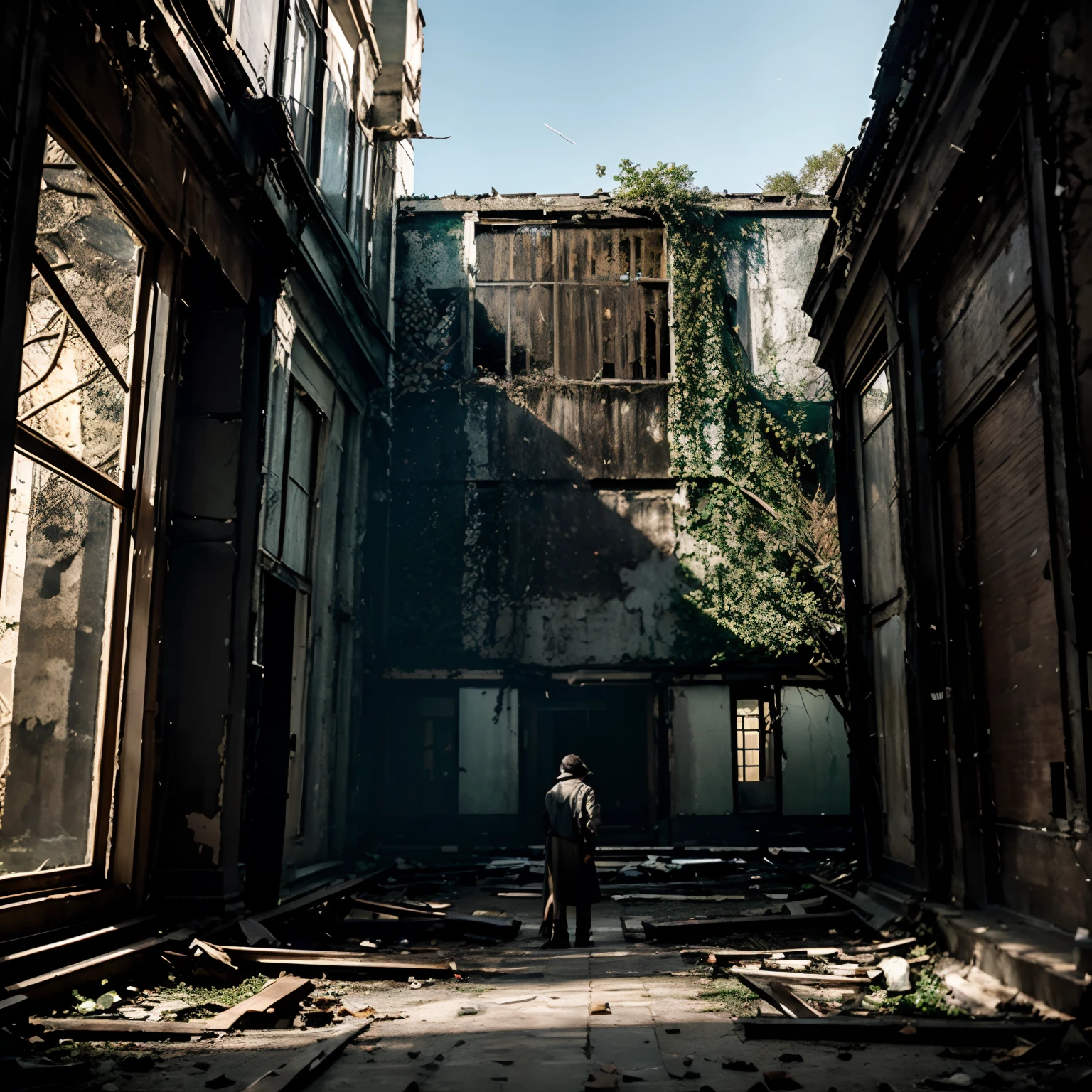 ```(("Silent Desolation: Lone Figure Cutting Down a Majestic Tree near an Abandoned House")) in a somber and desolate composition. Depict a solitary person, their figure silhouetted against the fading light, wielding an axe as they cut down a once-majestic tree near an abandoned house. Capture the raw emotion on their face, reflecting a mix of determination, sorrow, and necessity, as they undertake the task in the eerie silence of the decaying surroundings. Emphasize the contrast between the person's determined stance and the fallen tree, symbolizing the inevitable changes that time brings, even to the most magnificent of nature's creations. Highlight the forlorn atmosphere of the abandoned house, its windows shattered and walls covered in ivy, mirroring the quiet despair of the surroundings. Convey a sense of loss and acceptance, as nature yields to the hands of humanity, and life persists amidst decay. Use an art style that exudes a melancholic ambiance and fading light, employing (((subdued colors and poignant shadows))) to create a visually poignant portrayal of the lone figure cutting down the large tree, capturing the quiet melancholy and the inevitable passage of time in the scene.
```